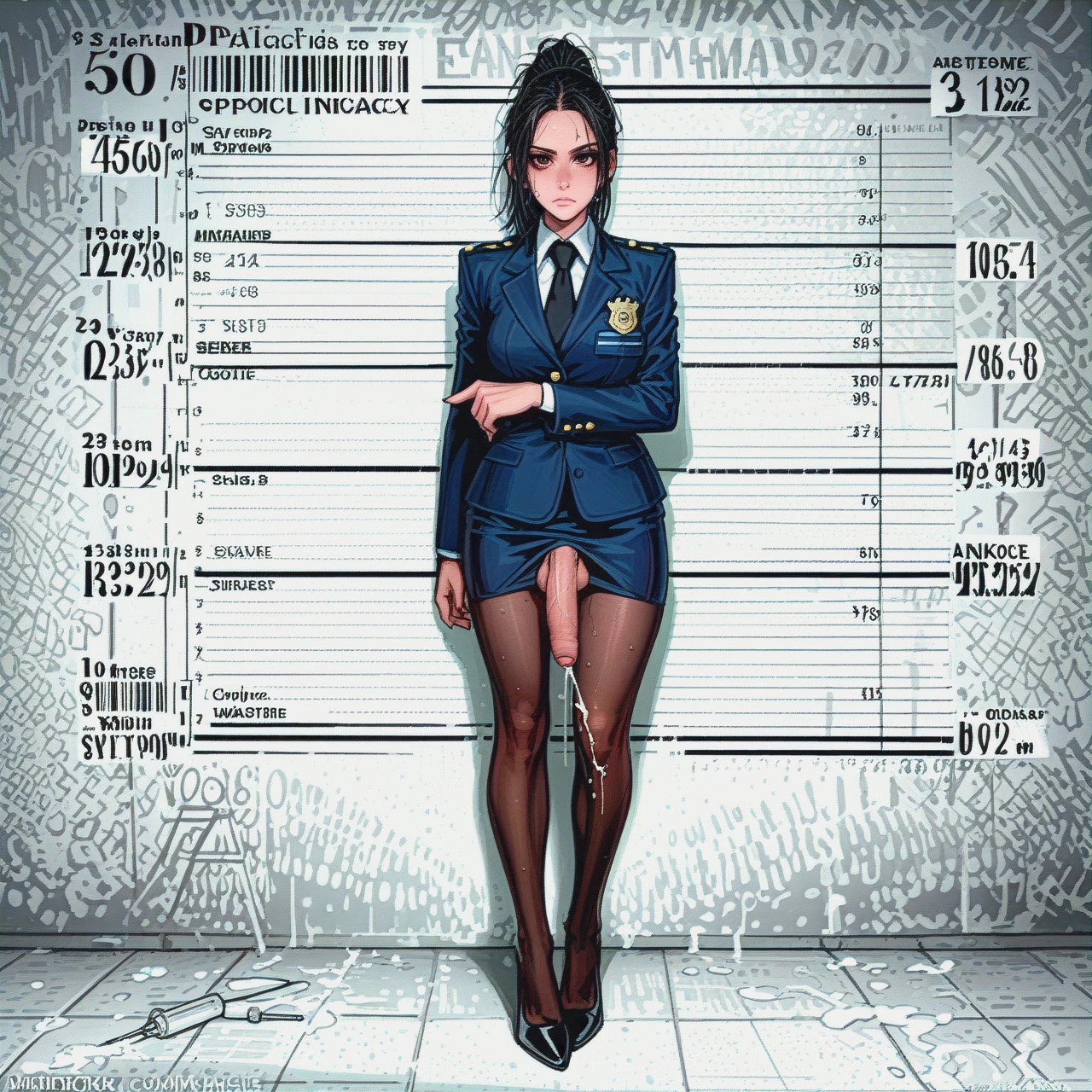 woman , 27 years , Black hair , ponytail hair , Hairstyle revealing ears, forehead, and entire face , Stop using hair and silk threads to cover your face and eyes , (despair) , expressionless face , Perfect female figure , Long and slender legs , macromastia , police Blazer , police Office decoration , Office skirt , Black tights , Needle nosed high heels , (futanari) , foreskin penis , A flaccid penis  , Penile ejaculation of semen , sweaty cock , solo , full-length (looking_afar) , frontview , full body photo , mugshot , (full_body) , Hairstyle revealing forehead and facial contours , Clean the black lines on the face , have a slender figure , Stand with legs open