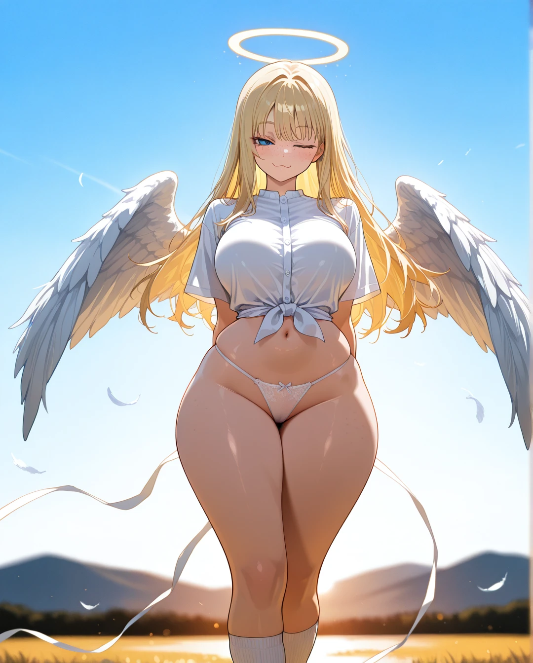 Angel, (curvy) ,(large_breasts), perfect body,big hips,narrow waist,blonde, freckles,angel girl,heaven,white string panties,white blouse,white socks,(arms_behind_back) ,>;3