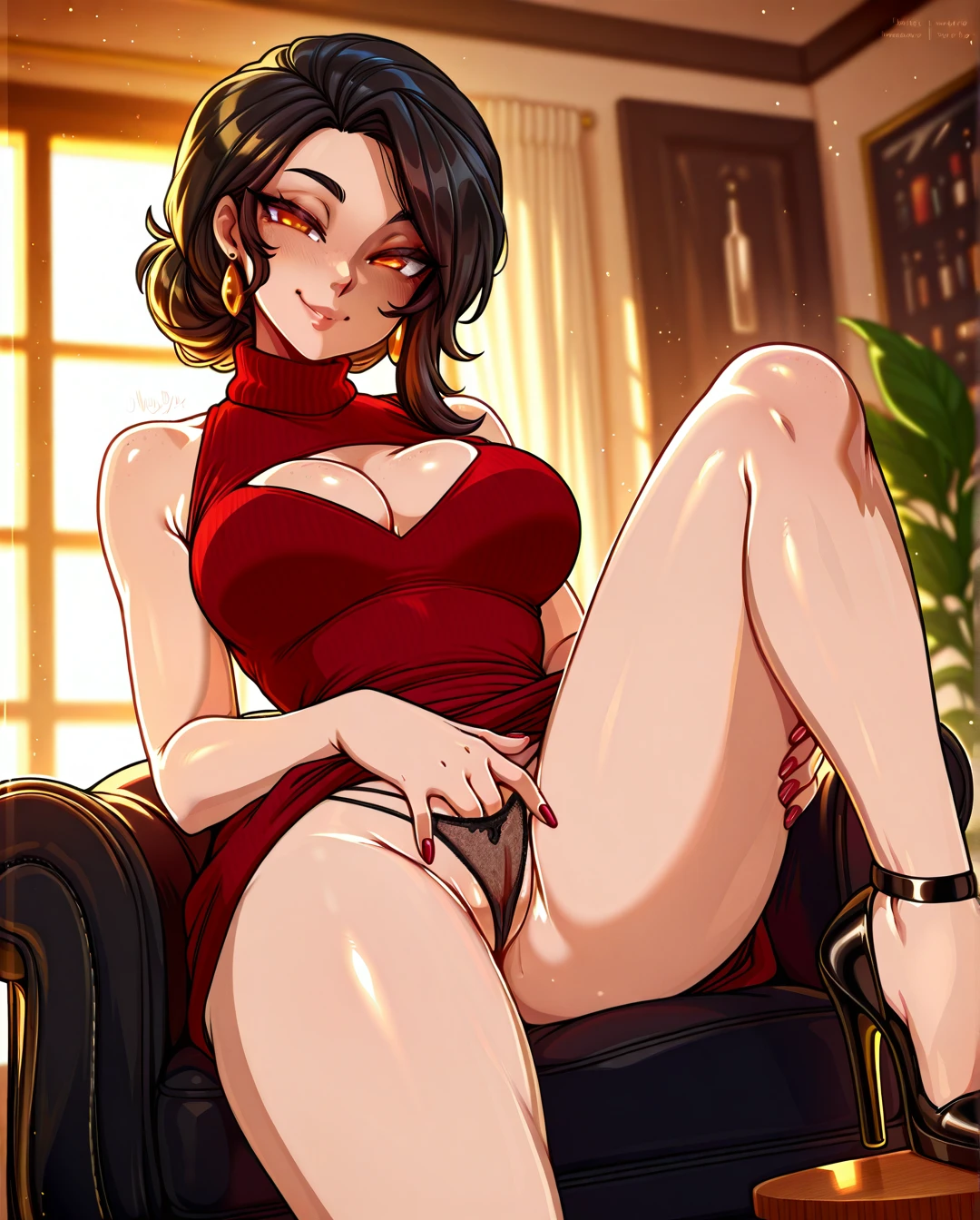 @meruccubus , pale skin, 1girl, cleavage, indoors, large_breasts, looking_at_viewer, jewelry, sweater_dress, chair, sleeveless, cleavage_cutout, lips, smile, window, , turtleneck, nail_polish, long legs, (mature_female) , heels, g-string, (dress_lift) , (fingering_through_panties)