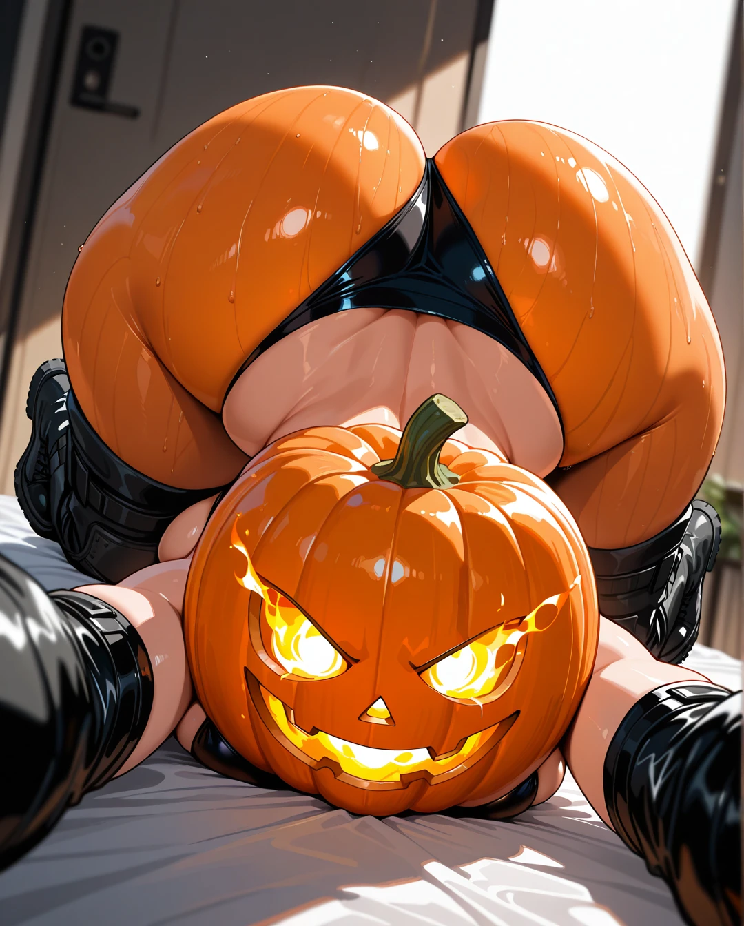 Selfie,(on_stomach),pumpkin head, pumpkin skin, pumpkin girl,(curvy),(large_breasts),big ass, combat boots, narrow waist, black sport bikini,Heavy black gloves, (flaming_eyes) ,in mall,ass up