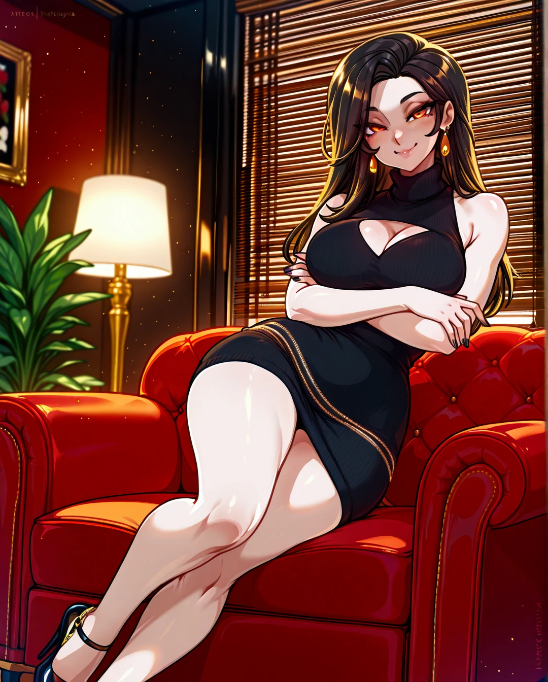 @meruccubus , pale skin, 1girl, breasts, solo, long_hair, cleavage, indoors, large_breasts, black_hair, looking_at_viewer, sweater, dress, blinds, couch, jewelry, earrings, clothing_cutout, crossed_arms, sweater_dress, chair, sleeveless, cleavage_cutout, plant, lips, smile, lamp, window, meme_attire, standing, turtleneck, nail_polish, bare_shoulders, long legs, (mature_female) , heels