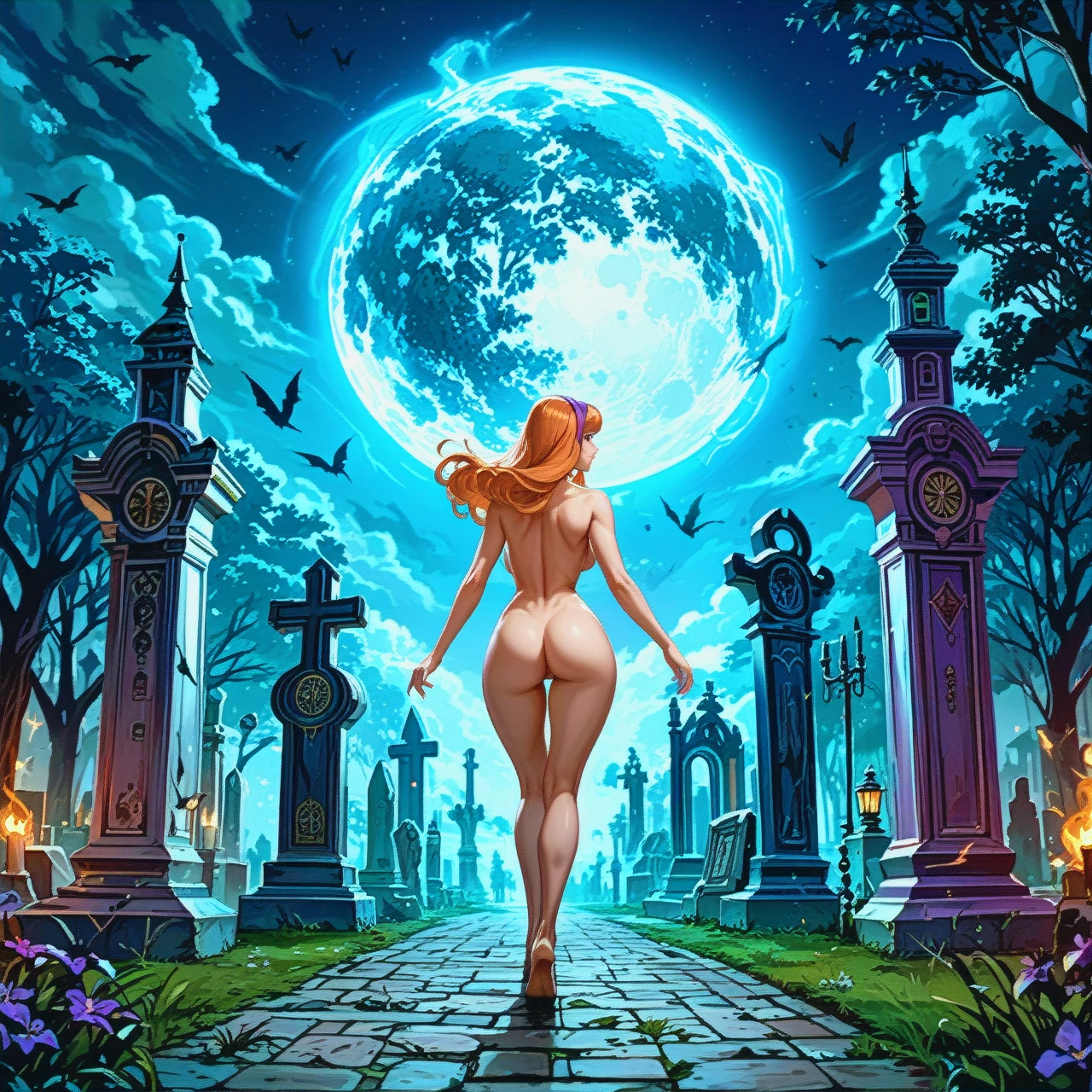 Completely naked, Daphne Blake (looks like Daphne Blake from the Scooby-Doo animated series) is running away from ghosts. At night in the cemetery by the light of the full moon