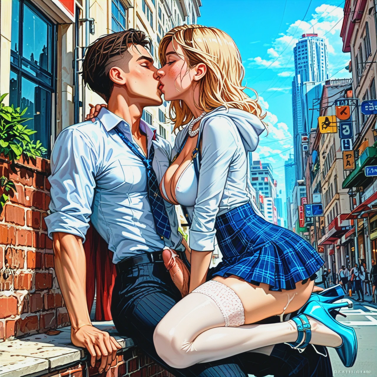 1girl,1boy, a girl with a man assfuck, french_kissing, cum_in hair, cheekbones,collaborative,shoulder_pads, man_cock,freckle,slim_legs,round_boobs,chest_harness,skinhairdetail, slender_waist, blue_skirt,pearl_necklace,collared_shirt,Brazil,white_sneakers, plaid_skirt,gold_stockings,frilled_panties,low_rise thong,heels, slit_skirt,nipple_rings,cotton_panties,high-heels, city_background, spider-gwen