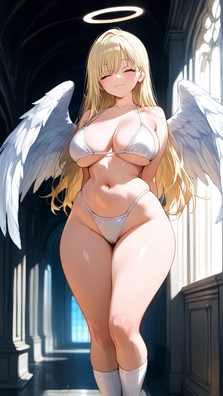 Angel, (curvy) ,(large_breasts), perfect body,big hips,narrow waist,blonde, freckles,angel girl,heaven,white bikini,white socks,(arms_behind_back) ,>;3