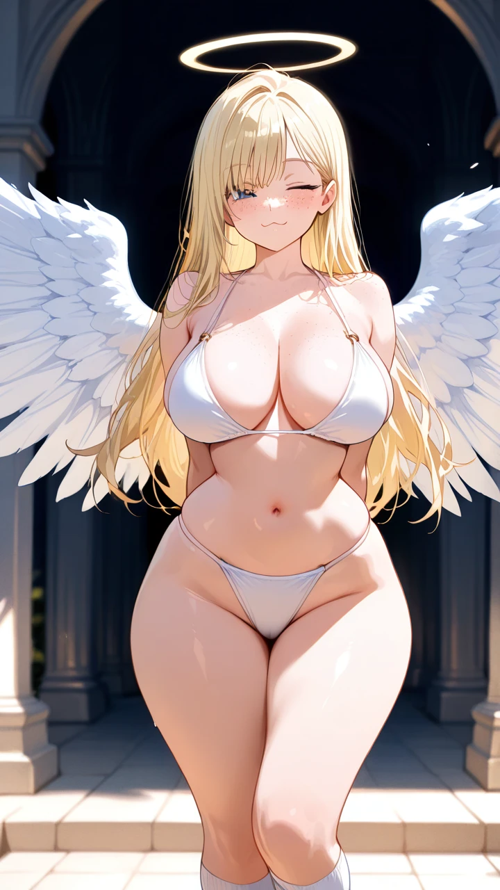 Angel, (curvy) ,(large_breasts), perfect body,big hips,narrow waist,blonde, freckles,angel girl,heaven,white bikini,long white socks,white clothes,(arms_behind_back) ,>;3