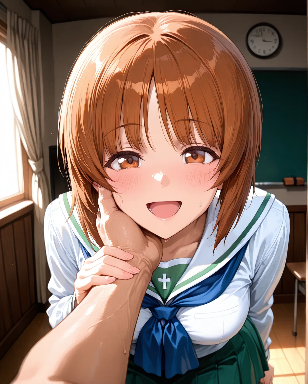 @nishizumi_miho, happy, busty, white shirt, green skirt, school uniform, man's hand on a girl's cheek, pov,