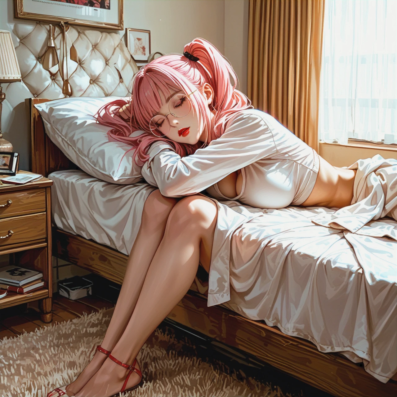 Sleeping room, teeny youngfull girl with long pink hair on knees, pigtail haircut, round eyeglasses, red lipstick, large breasts, slim, petite,