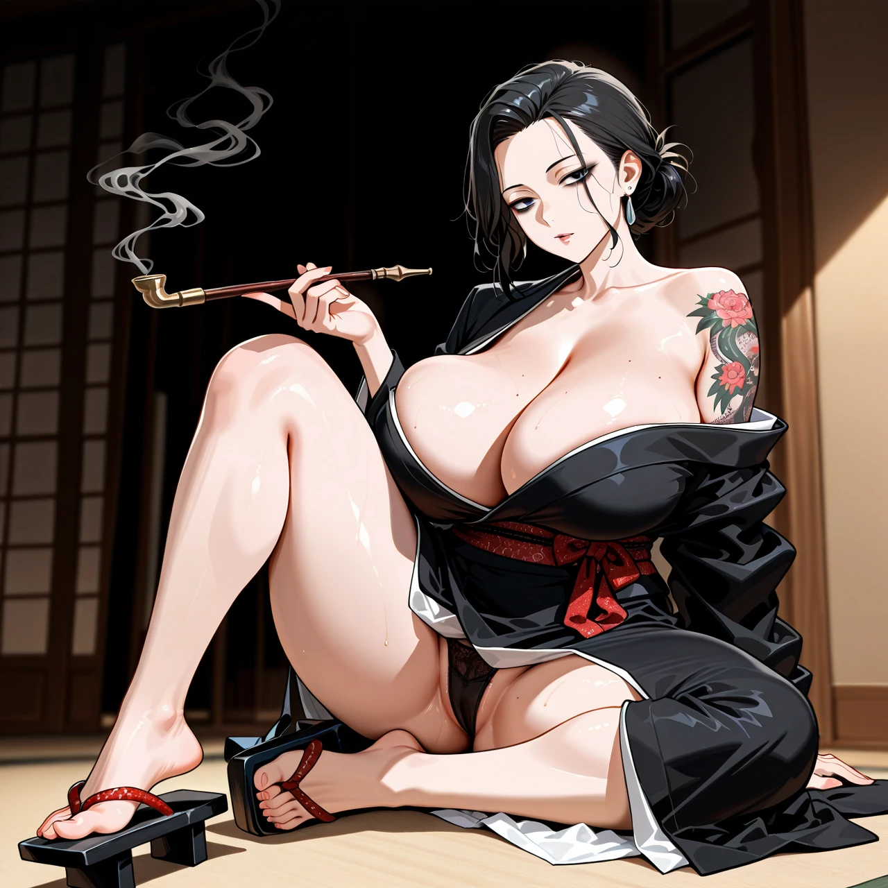 (doctor5648), (full body), (yakuza woman), (mature woman), (milf), (solo), (sitting on floor), (one knee up), (spread legs), (smoking pipe), (black kimono), (off shoulders), (kimono pull), (cleavage), (geta), (tattoo on shoulders), (yakuza tattoos), (wrinkles under eyes), (huge breasts), (wide hips)