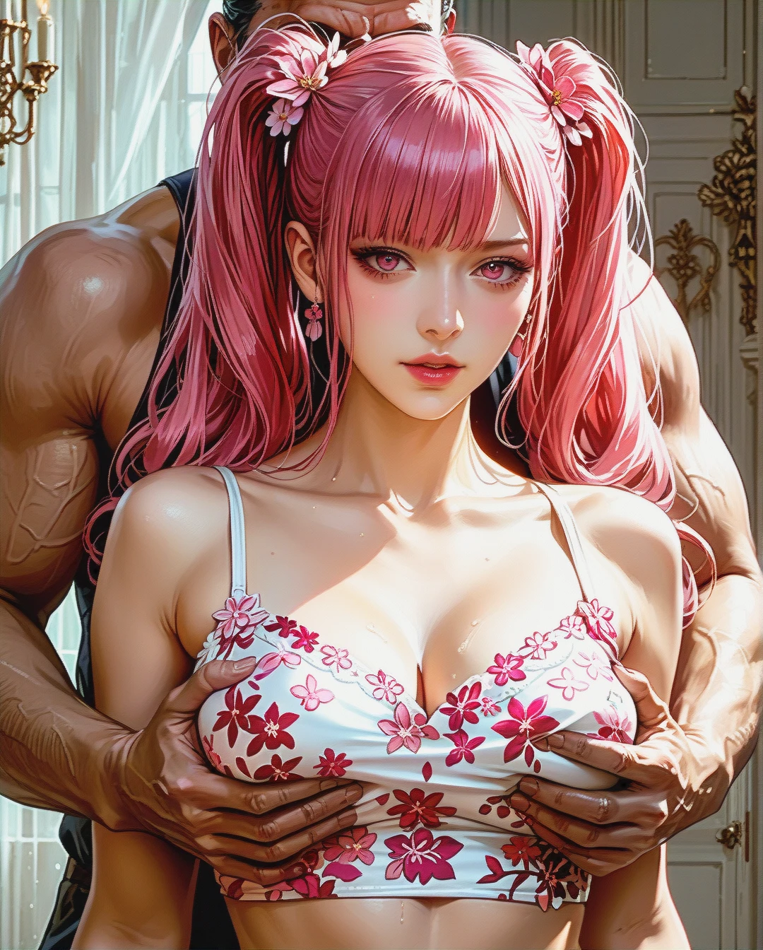 Kushina uzumaki, Realistic Realistic, ,crop top camisole pink floral,sex Grabbing Breast from behind by oldman,twintails