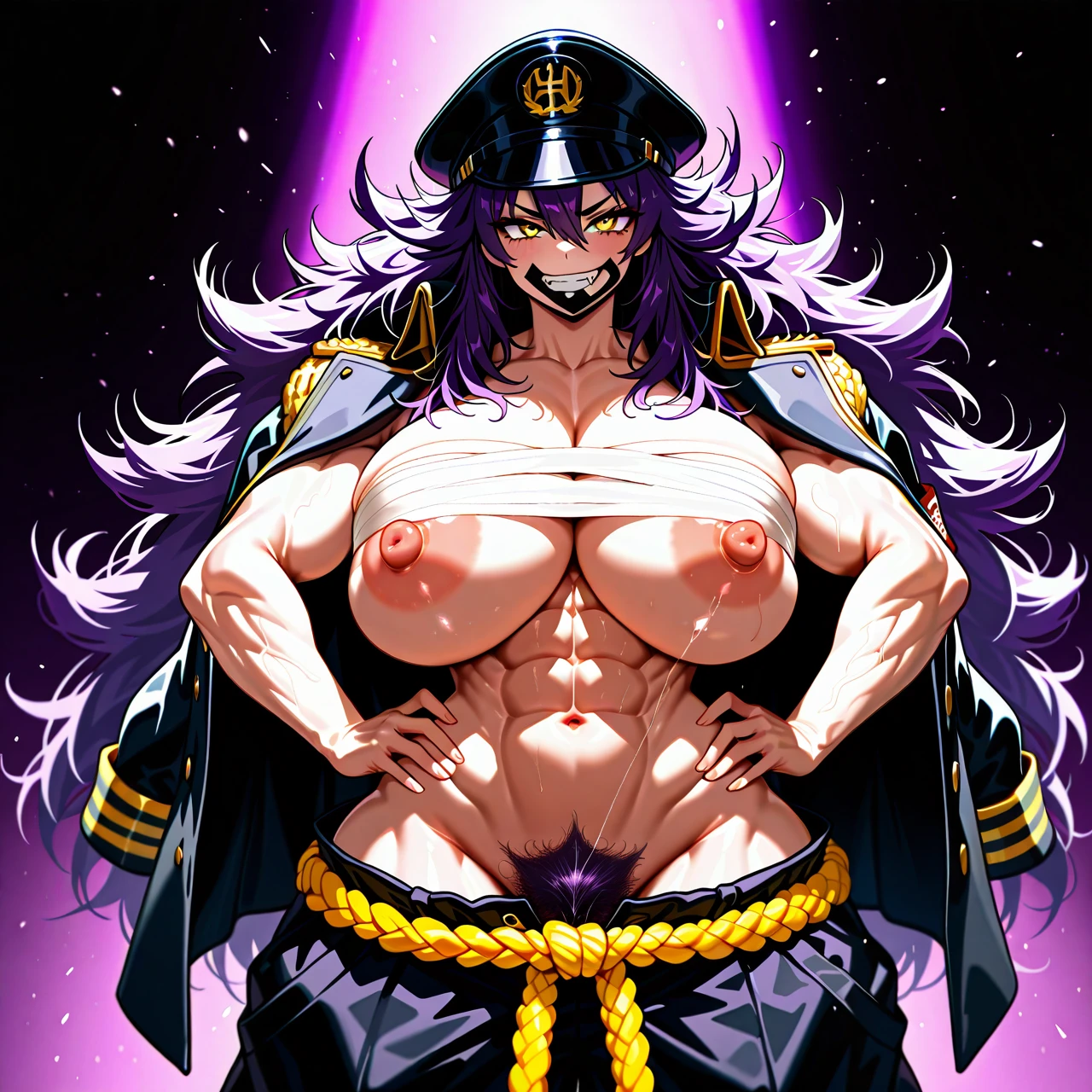 (tyunre), (bancho), (sukeban), (muscular female), (solo), (standing), (hands on hips), (grin), (peaked cap), (jacket on shoulders), (budget sarashi), (baggy pants), (rope belt), (purple hair), (huge mane), (wild frizzy hair), (yellow eyes), (fang), (huge breasts), (hyper long nipples), (abs), (wide hips), (excessive pubic hair), (pubic hair trail)