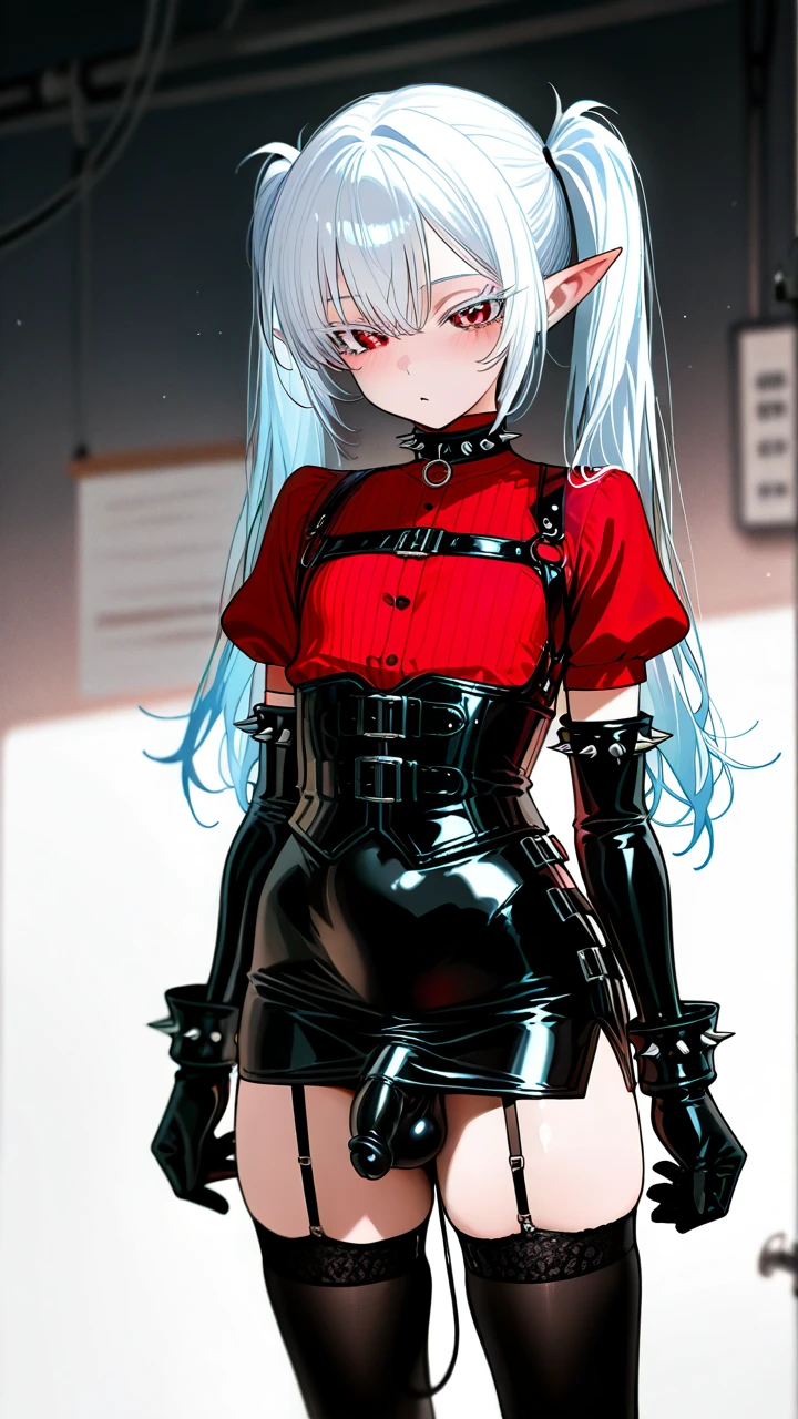 (otoko_no_ko) white_hair long_hair twin_ponytails (red_eyes) white_eyelashes pointy_ears  leather_tight_skirt penis_bulge (underbust) collar_with_spikes elbow_gloves_with_belts (cropped_shoulders) leater_thighhighs garter_straps slim_legs (ass_focus) (anal_object_insertion)