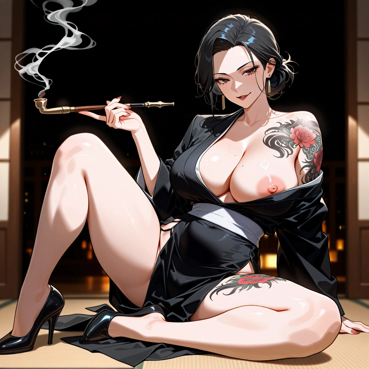 (shybabs), (full body), (yakuza woman), (mature woman), (milf), (solo), (sitting on floor), (one knee up), (spread legs), (smoking pipe), (black kimono), (off shoulder), (cleavage), (nipple slip), (side slit), (tattoo on shoulders), (yakuza tattoos), (large breasts), (thin waist), (wide hips)