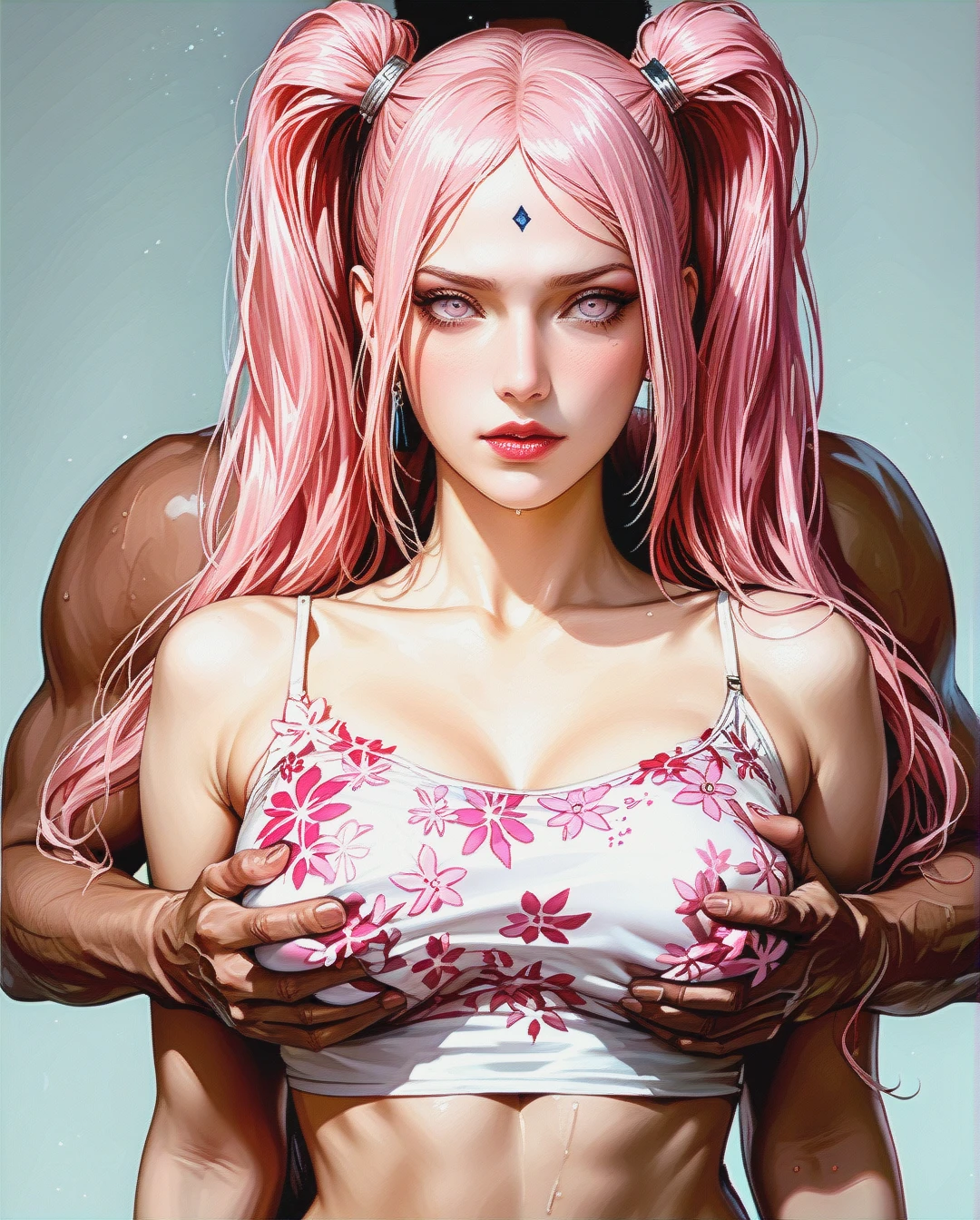 Kushina , Naruto series, Realistic Realistic, ,crop top camisole pink floral,sex Grabbing Breast from behind,twintails