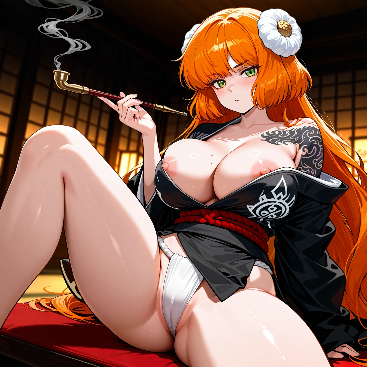 (makigirisu), (ishmael kurokumo clan (identity) (project moon)), (solo), (sitting on flore), (one knee up), (spread legs), (smoking pipe), (black kimono), (off shoulders), (cleavage), (nipple slip), (bursting breasts), (side slit), (fundoshi), (tattoos on shoulders), (yakuza tattoos), (large breasts), (wide hips)