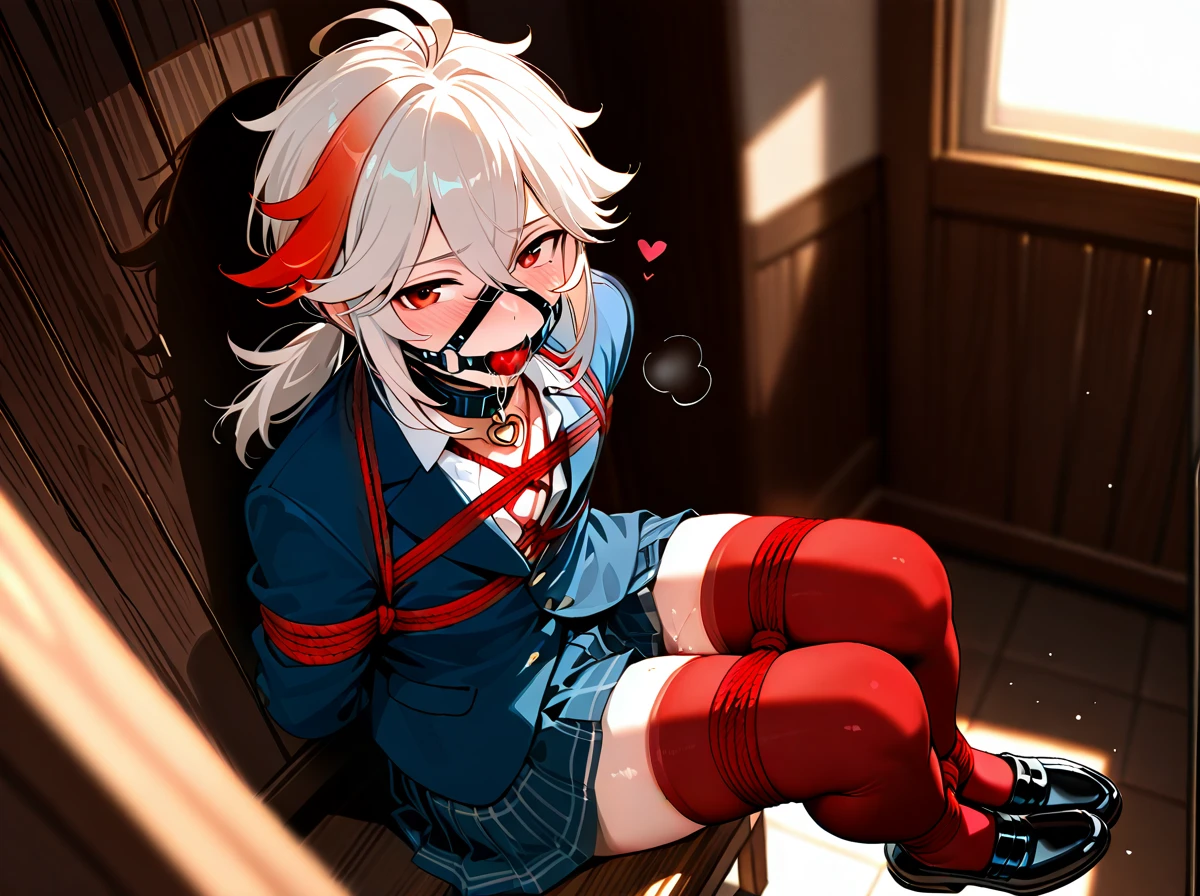 1boy, arms behind back, ball gag, bdsm, blush, bondage, bound, bound arms, gag, gag harness, gagged, gray hair, hair between eyes, heart, kaedehara kazuha, male focus, multicolored hair, black cute school shoes, red eyes, red hair, red thighhighs, rope, saliva, shibari, sitting, solo, streaked hair, thighhighs, school background, white hair, bound legs, bondage, gagged, gag, ball gag, bound, bound ankles, bound arms, bound legs, rope pattern on chest, red rope, (bondage), (shibari), white school classic shirt, pleated skirt, strappy shoes, black gloves with soft fabric, beautiful collar, School women's jacket,