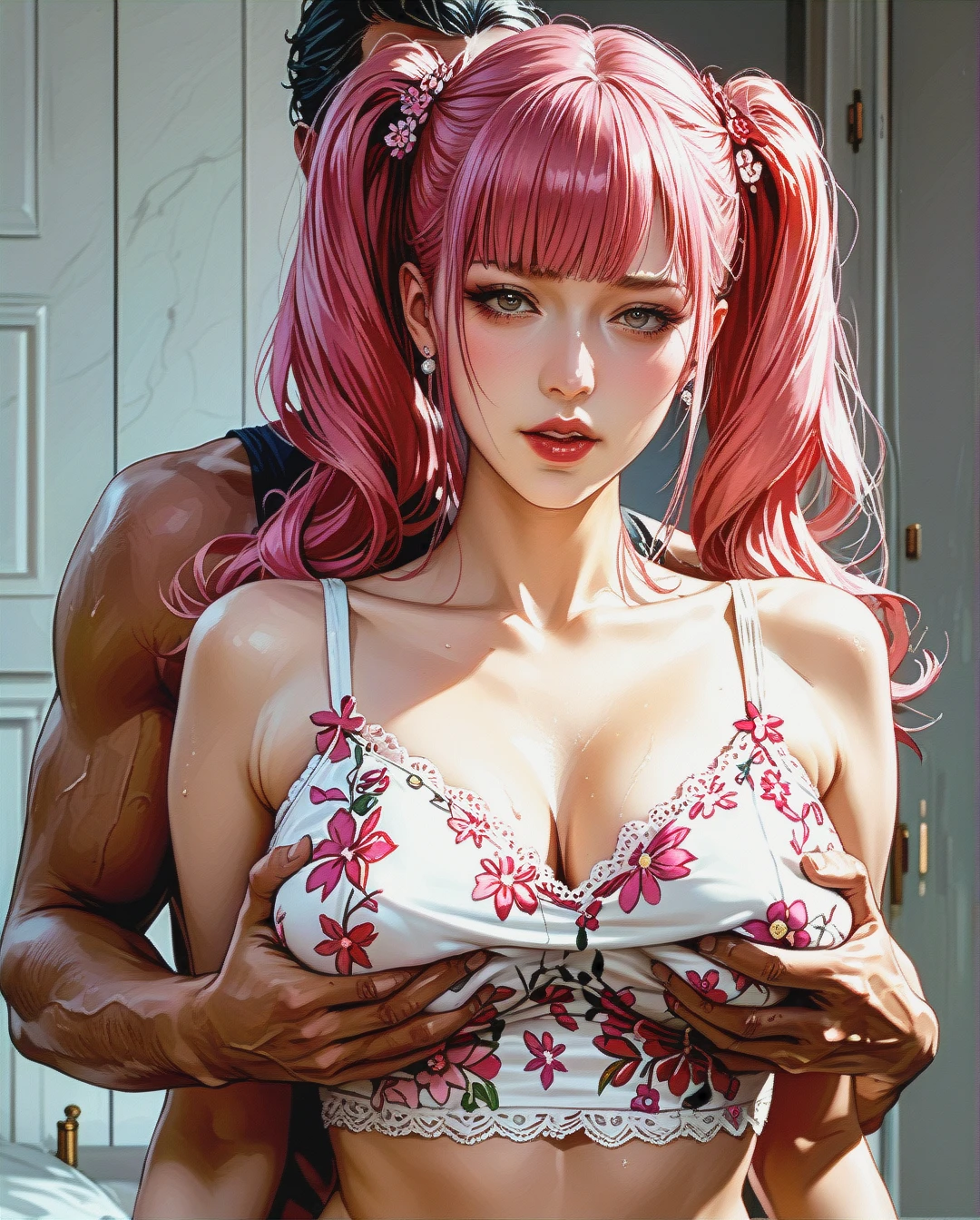 Kushina uzumaki,mature, Realistic Realistic, ,crop top camisole pink floral,sex Grabbing Breast from behind by oldman,twintails