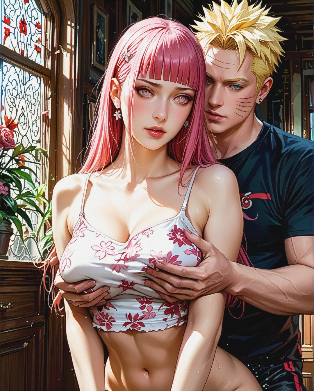 Kushina , Naruto series, Realistic Realistic, ,crop top camisole pink floral,sex Grabbing Breast from behind, background black