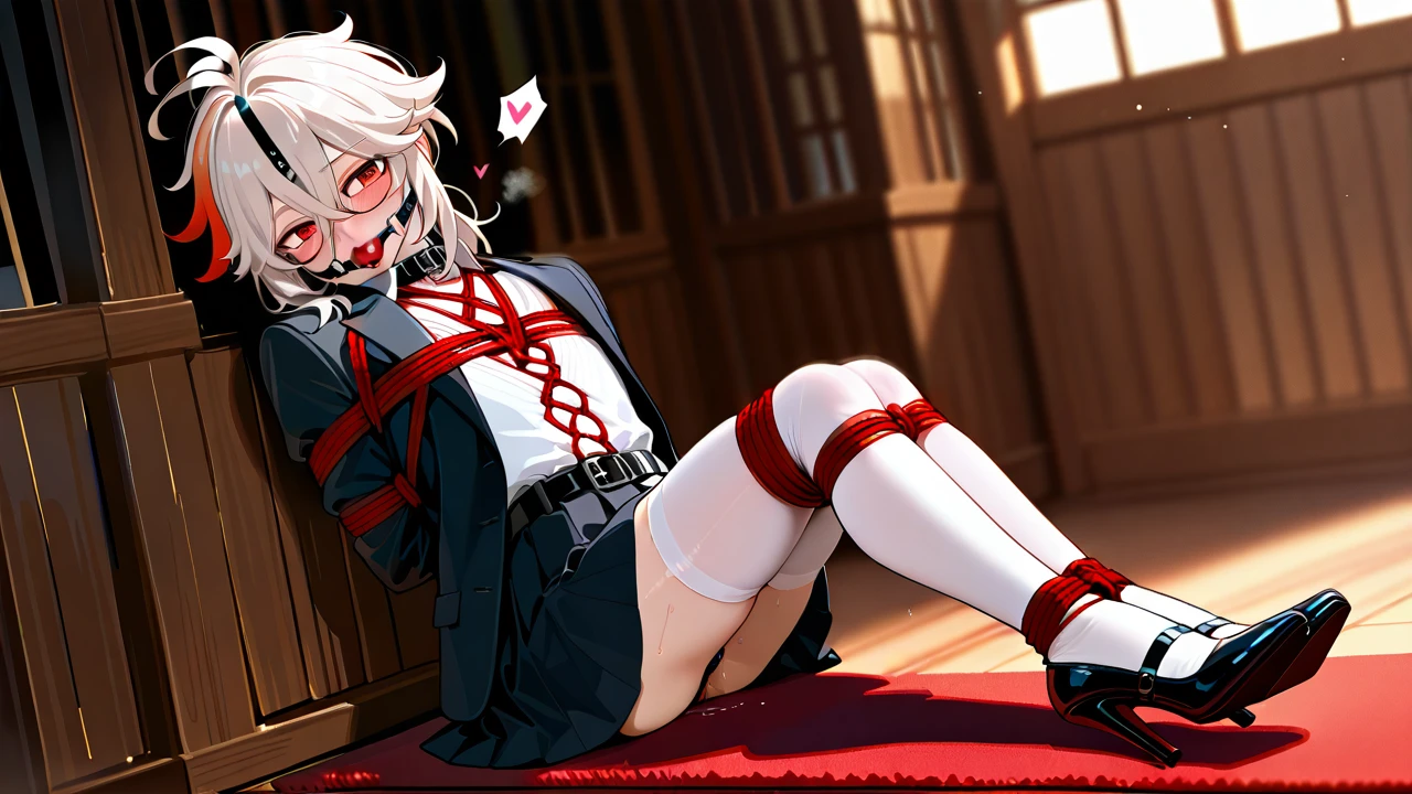 1boy, arms behind back, ball gag, bdsm, blush, bondage, bound, bound arms, gag, gag harness, gagged, gray hair, hair between eyes, heart, kaedehara kazuha, male focus, multicolored hair, high heels with belt, red eyes, red hair, white thighhighs, rope, saliva, shibari, solo, streaked hair, thighhighs, white hair, bound legs, bondage, gagged, gag, ball gag, bound, bound ankles, bound arms, bound legs, rope pattern on chest, black rope, (bondage), (shibari), white classic shirt, black classic jacket, black pleated skirt, beautiful collar, full body, glasses below the eyes