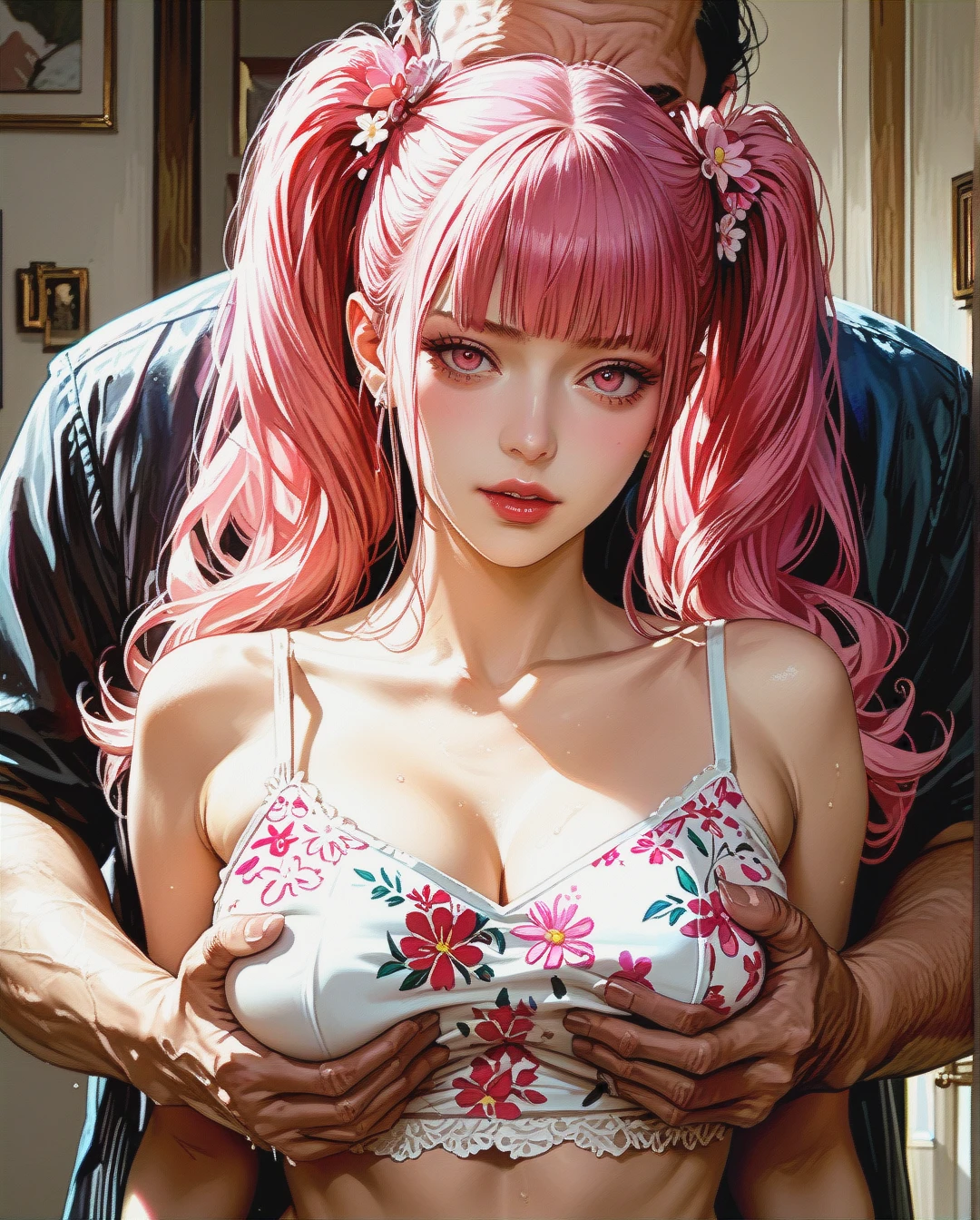 Kushina uzumaki, Realistic Realistic, ,crop top camisole pink floral,sex Grabbing Breast from behind by oldman,twintails