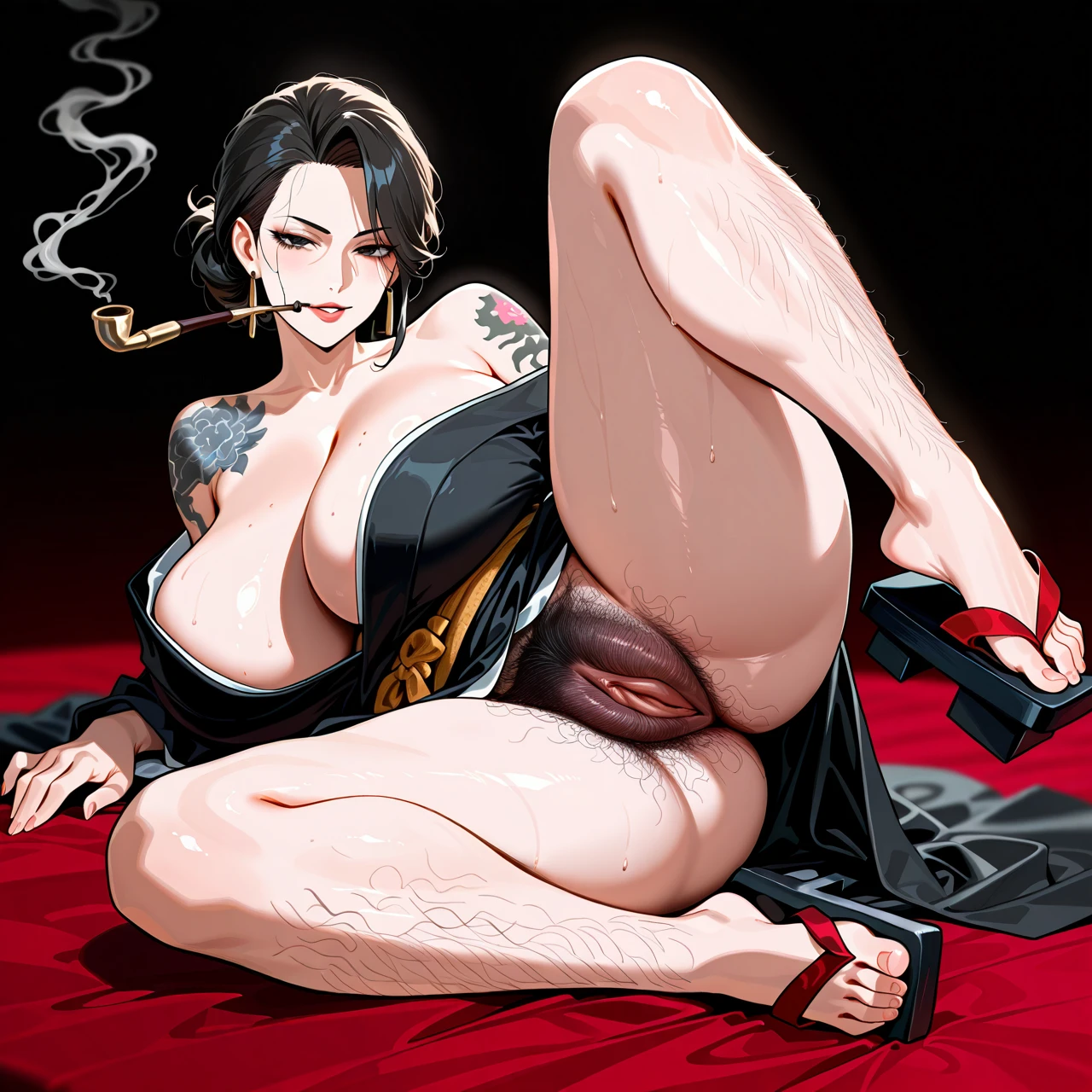 (tesulavoltia), (full body), (yakuza woman), (mature woman), (milf), (solo), (on side), (spread legs), (smoking pipe), (black kimono), (off shoulders), (cleavage), (geta), (shoulder tattoo), (yakuza tattoos), (fine wrinkles around the eyes), (huge breasts), (wide hips), (excessive hairy pussy), (musk clouds)