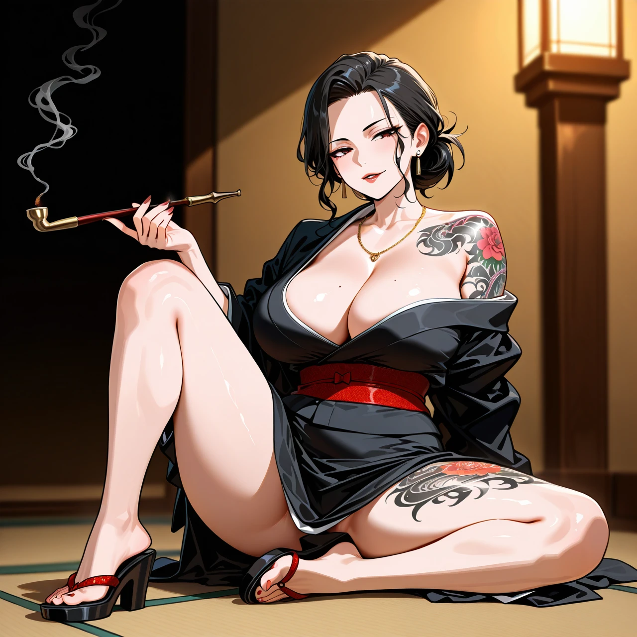 (irregulargoblin), (full body), (yakuza woman), (mature woman), (milf), (solo), (sitting on floor), (one knee up), (spread legs), (smoking pipe), (black kimono), (off shoulders), (kimono pull), (cleavage), (geta), (tattoo on shoulders), (yakuza tattoos), (thin waist), (wide hips)