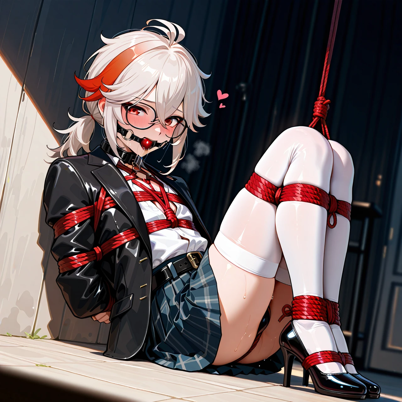 1boy, arms behind back, ball gag, bdsm, blush, bondage, bound, bound arms, gag, gag harness, gagged, gray hair, hair between eyes, heart, kaedehara kazuha, male focus, multicolored hair, high heels with belt, red eyes, red hair, white thighhighs, rope, saliva, shibari, solo, streaked hair, thighhighs, white hair, bound legs, bondage, gagged, gag, ball gag, bound, bound ankles, bound arms, bound legs, rope pattern on chest, black rope, (bondage), (shibari), white classic shirt, black classic jacket, pleated skirt, beautiful collar, full body, glasses below the eyes