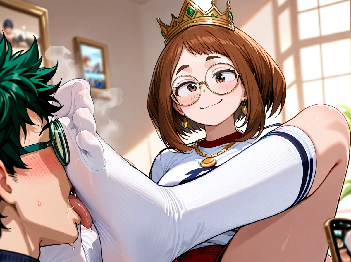 (@uraraka_ochako (sitting and wearing (gym wear, circle_glasses, gold_necklace, earring, crown)  and (shoot a photo with mobile phone)), (1boy licking @uraraka_ochako feet and jerking himself), anklehighs, feet, female, femdom, foot fetish, foot lick, foot licking, foot worship, footwear, laugh, licking feet, licking foot,, smug, smug face, smelling_feet, smell, socks, white socks, licking foot through socks , ankle socks,