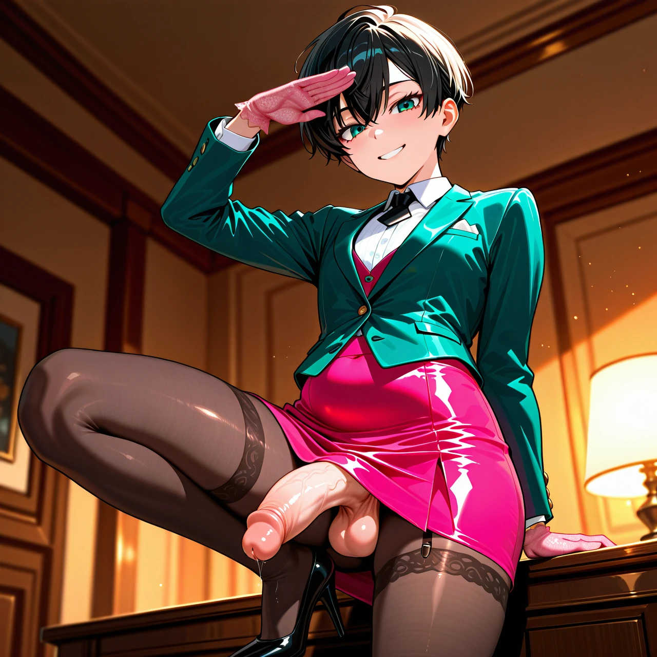 (futanari) (reverse_trap) (fat), flat chest, black pixie cut hair, bangs, (smile), green satin buttoned-up suit, pink lace gloves, pink skirt, brown stockings, penis tenting, black high heel pumps, (shading_eyes), living room