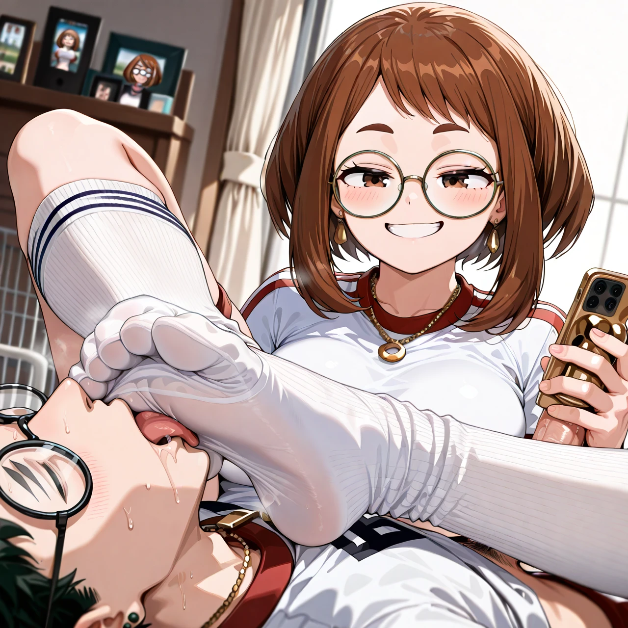 (@uraraka_ochako (sitting and wearing (gym wear, circle_glasses, gold_necklace, earring)  and (shoot a photo with mobile phone)), (1boy, lying down, licking @uraraka_ochako feet and (doing himself a handjob)), anklehighs, feet, female, femdom, foot fetish, foot lick, foot licking, foot worship, footwear, laugh, licking feet, licking foot,, smug, smug face, smelling_feet, smell, socks, white socks, licking foot through socks , ankle socks,