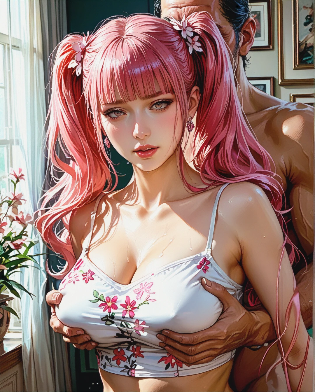 Kushina uzumaki,mature, Realistic Realistic, ,crop top camisole pink floral,sex Grabbing Breast from behind by oldman,twintails