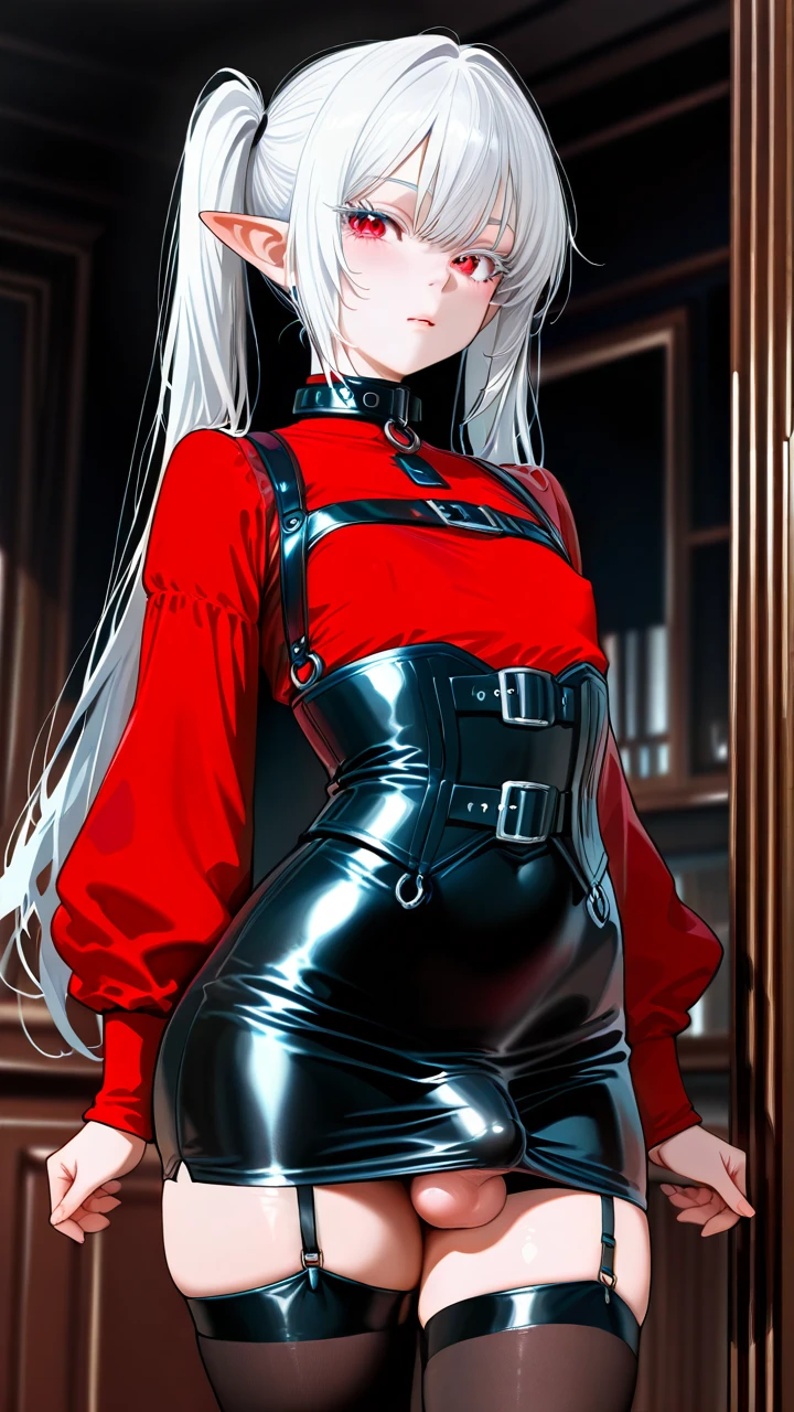 (otoko_no_ko) white_hair long_hair twin_ponytails (red_eyes) white_eyelashes pointy_ears  leather_tight_skirt penis_bulge (underbust) collar red_shirt puffed_sleeves sleeves_with_belts leater_thighhighs garter_straps