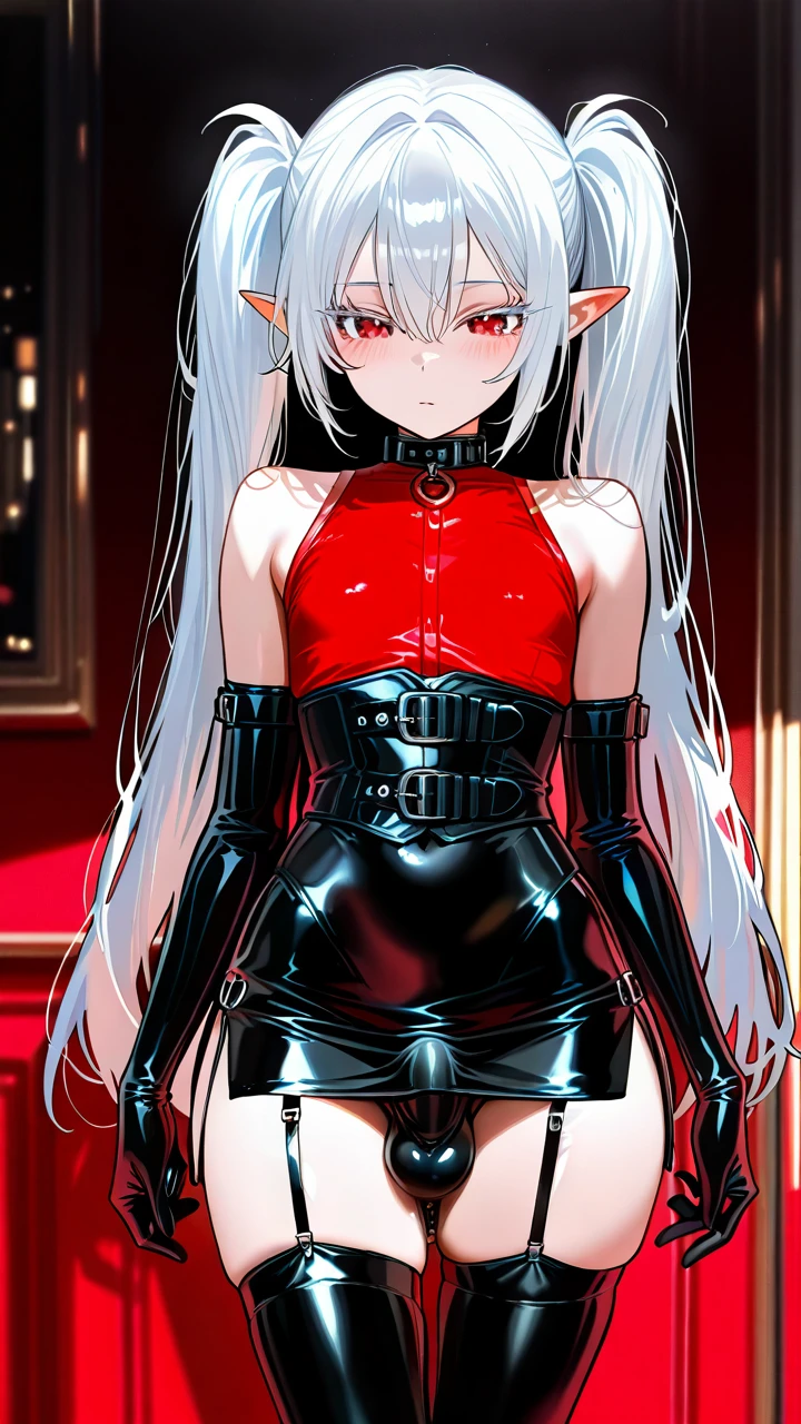 (otoko_no_ko) white_hair long_hair twin_ponytails (red_eyes) white_eyelashes pointy_ears  leather_tight_skirt penis_bulge (underbust) collar elbow_gloves_with_belts (cropped_shoulders) leater_thighhighs garter_straps slim_legs (ass_focus) (anal_object_insertion)