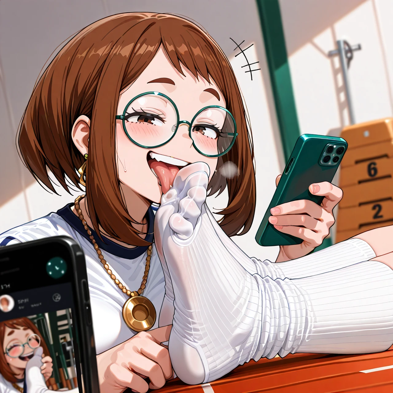 (@uraraka_ochako (sitting and wearing (gym wear, circle_glasses, gold_necklace, earring)  and (shoot a photo with mobile phone)), (1boy, lying down, licking @uraraka_ochako feet), anklehighs, feet, female, femdom, foot fetish, foot lick, foot licking, foot worship, footwear, laugh, licking feet, licking foot,, smug, smug face, smelling_feet, smell, socks, white socks, licking foot through socks , ankle socks,