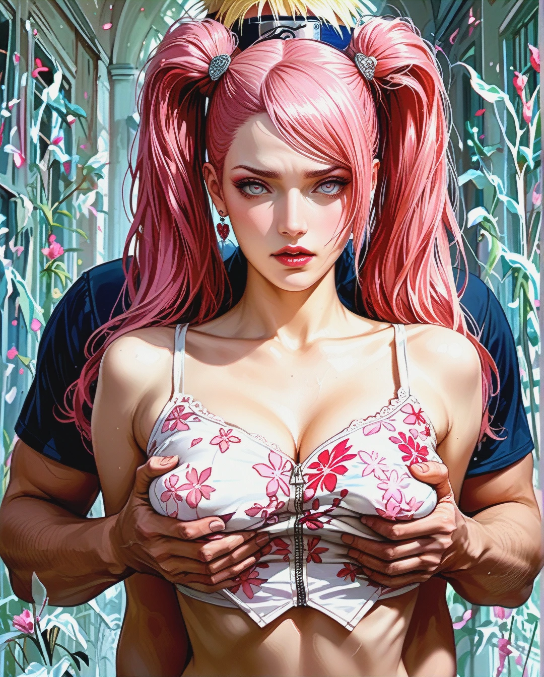 Kushina , Naruto series, Realistic Realistic, ,crop top camisole pink floral,sex Grabbing Breast from behind,twintails