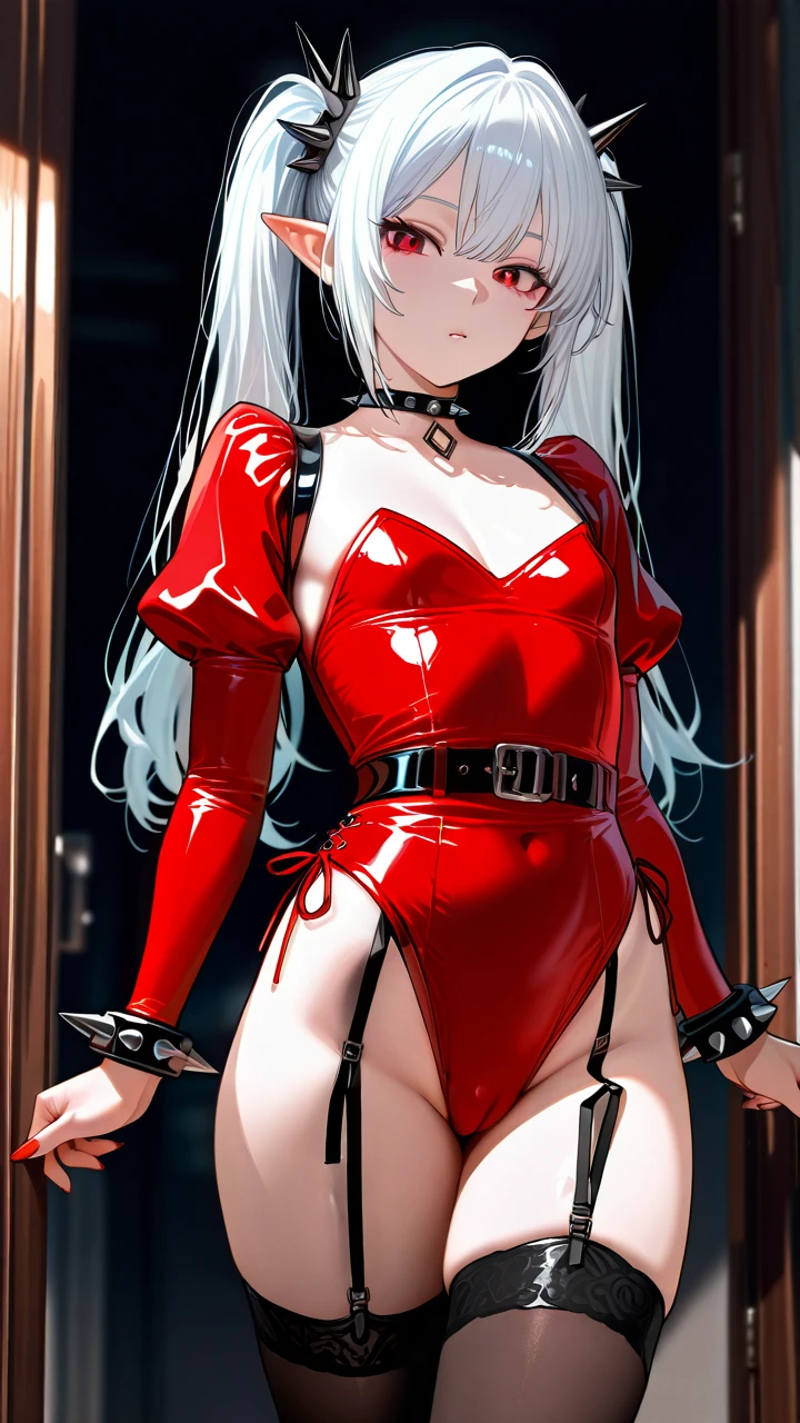 (otoko_no_ko) white_hair long_hair twin_ponytails (red_eyes) pointy_ears choker_with_spikes red_leotard deep_cleavage puffed_sleeves red_thighhighs garter_straps penis_bulge red_belts