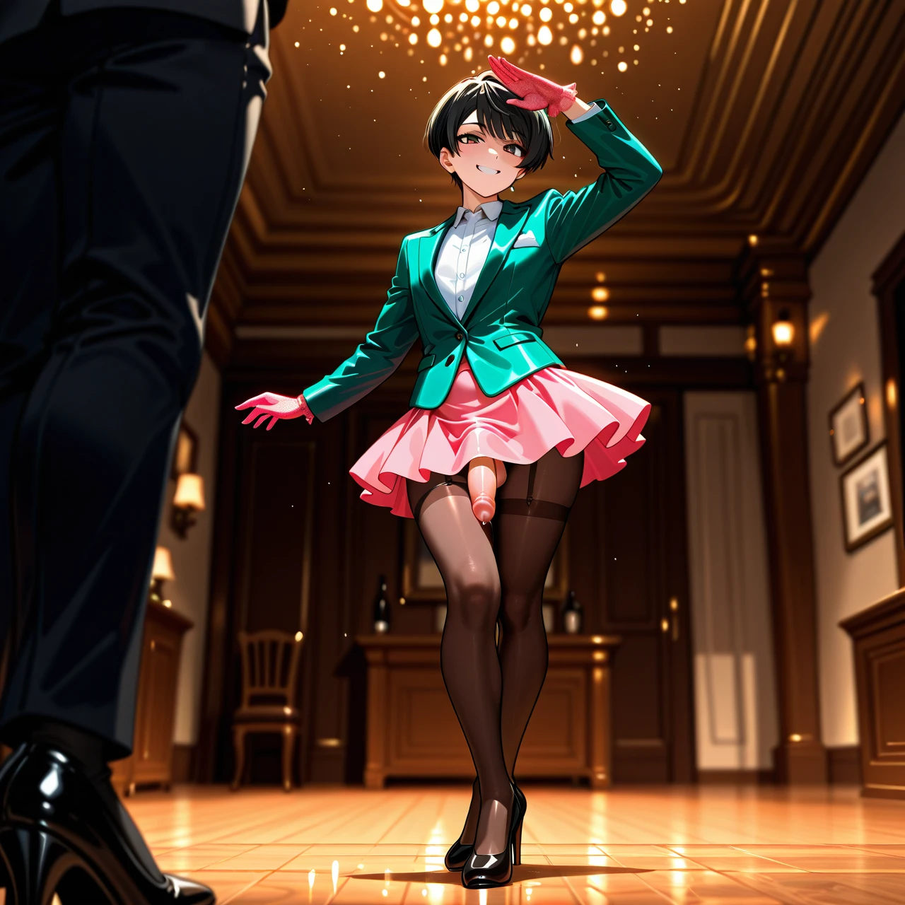 (futanari) (reverse_trap) (fat), flat chest, black pixie cut hair, bangs, (smile), green satin buttoned-up suit, pink lace gloves, pink skirt, brown stockings, penis tenting, black high heel pumps, (shading_eyes), dancing, living room