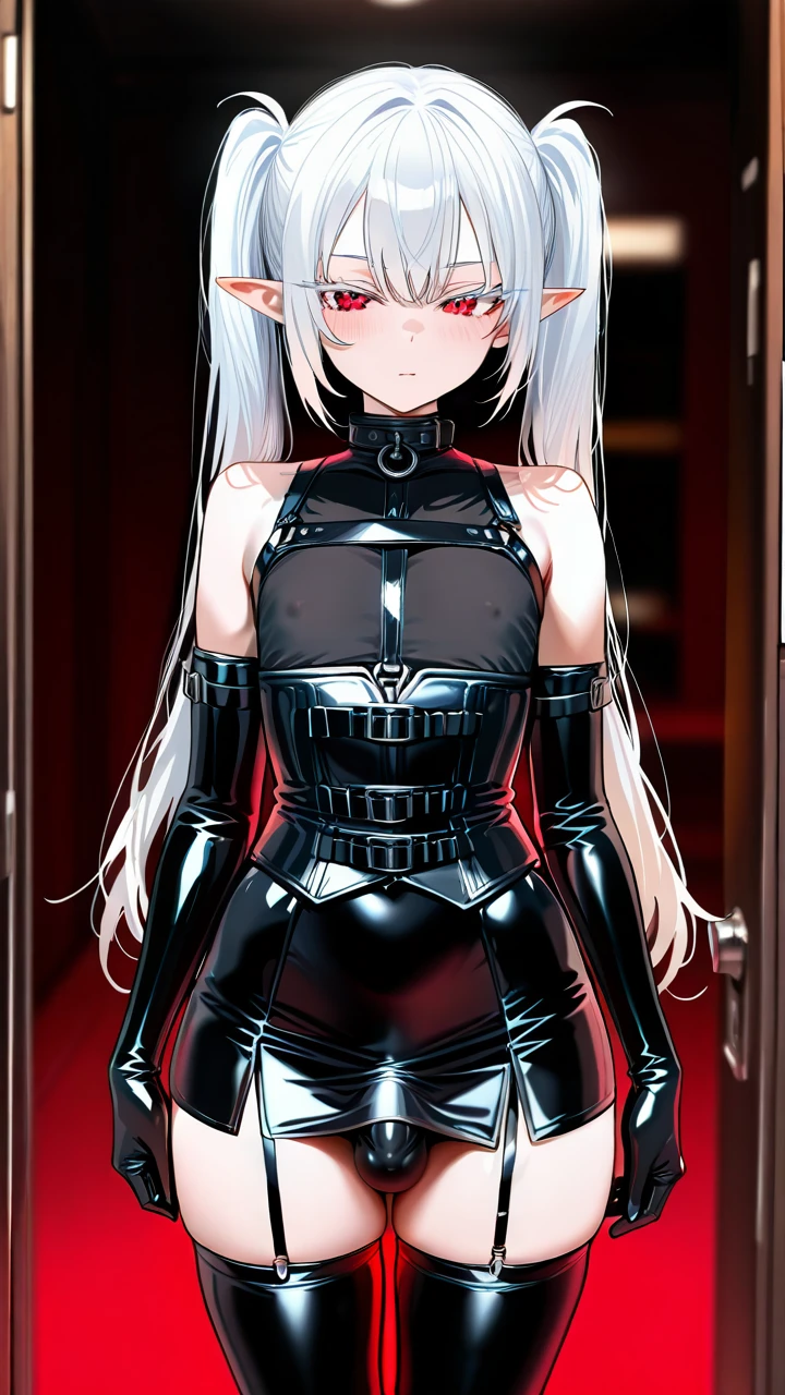 (otoko_no_ko) white_hair long_hair twin_ponytails (red_eyes) white_eyelashes pointy_ears  leather_tight_skirt penis_bulge (underbust) collar elbow_gloves_with_belts (cropped_shoulders) leater_thighhighs garter_straps