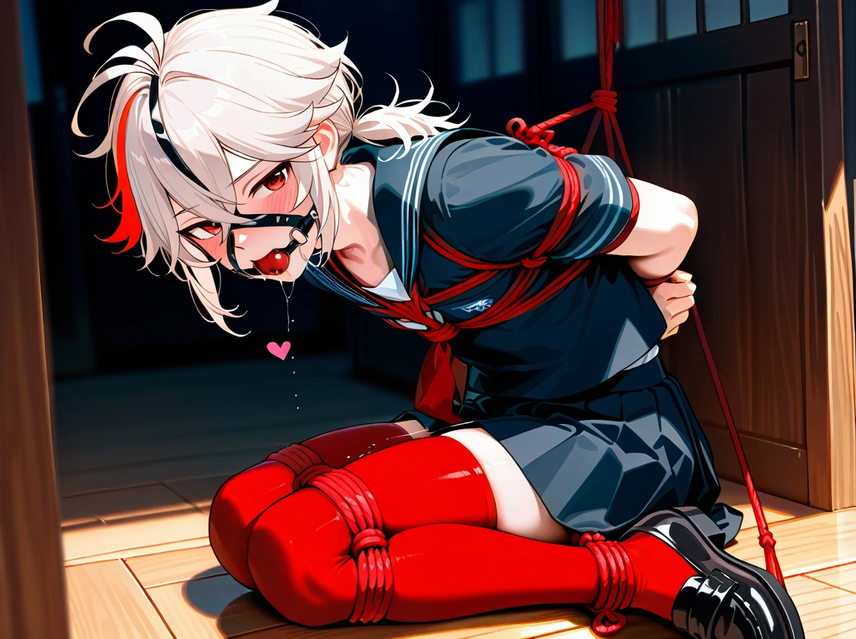 1boy, arms behind back, ball gag, bdsm, blush, bondage, bound, bound arms, gag, gag harness, gagged, gray hair, hair between eyes, heart, kaedehara kazuha, male focus, multicolored hair, black school uniform, black cute school shoes, red eyes, red hair, red thighhighs, rope, saliva, shibari, sitting, solo, streaked hair, thighhighs, school background, white hair, bound legs, bondage, gagged, gag, ball gag, bound, bound ankles, bound arms, bound legs, rope pattern on chest, red rope, (bondage), (shibari), white school shirt, pleated skirt, strappy shoes