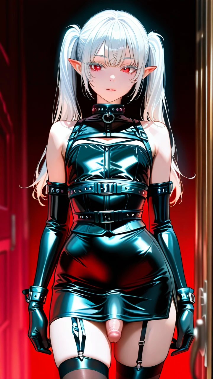 (otoko_no_ko) white_hair long_hair twin_ponytails (red_eyes) white_eyelashes pointy_ears  leather_tight_skirt penis_bulge (underbust) collar elbow_gloves_with_belts (cropped_shoulders) leater_thighhighs garter_straps