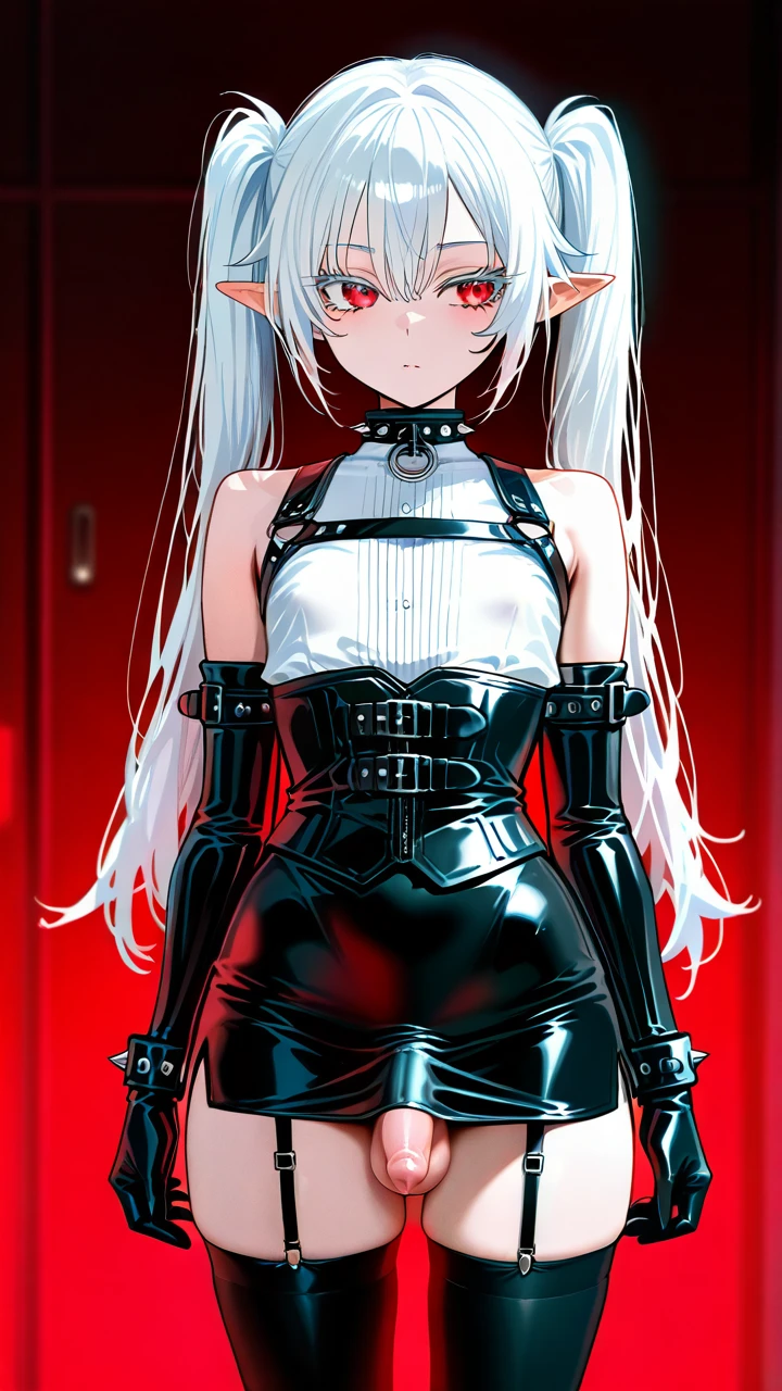 (otoko_no_ko) white_hair long_hair twin_ponytails (red_eyes) white_eyelashes pointy_ears  leather_tight_skirt penis_bulge (underbust) collar_with_spikes elbow_gloves_with_belts (cropped_shoulders) leater_thighhighs garter_straps slim_legs anal_balls