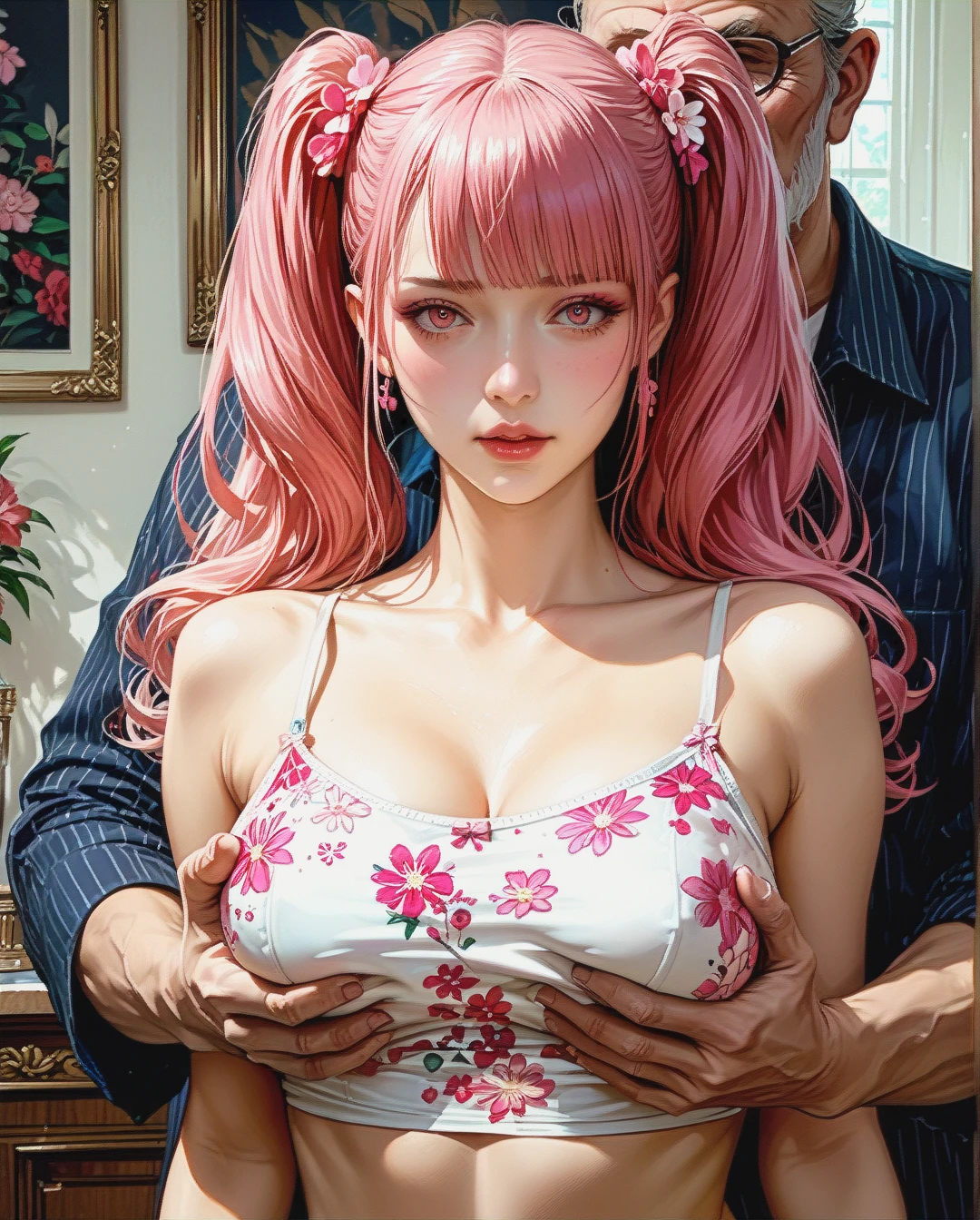 Kushina uzumaki, Realistic Realistic, ,crop top camisole pink floral,sex Grabbing Breast from behind by oldman,twintails