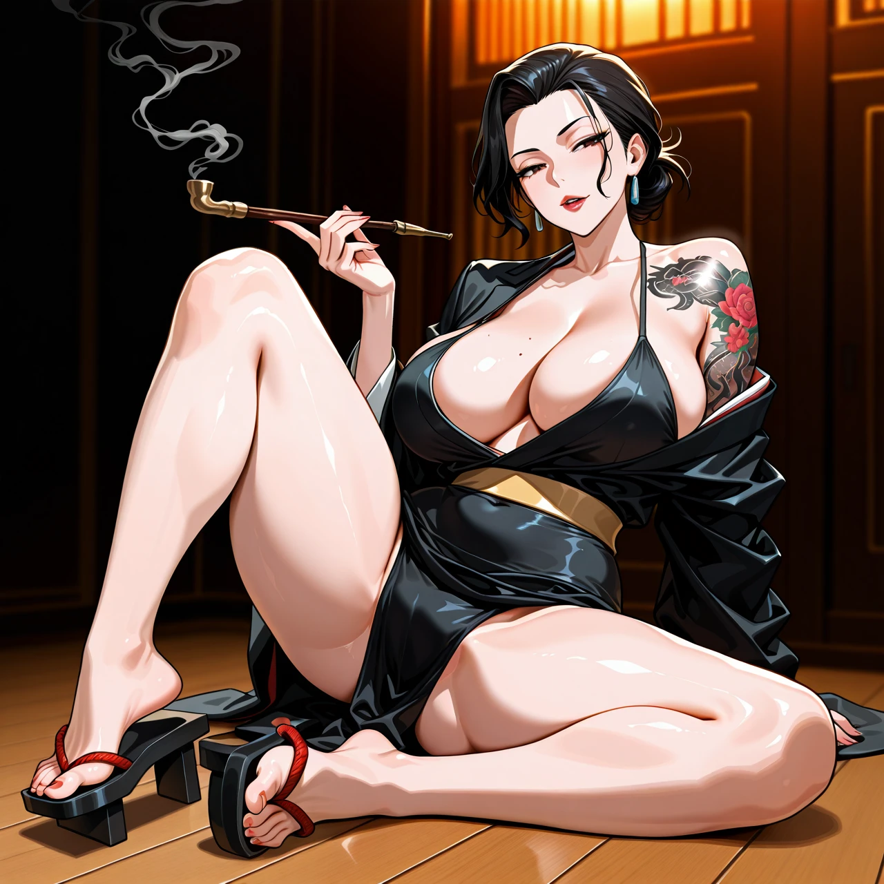 (j-madeye), (full body), (yakuza woman), (mature woman), (milf), (solo), (sitting on floor), (one knee up), (spread legs), (smoking pipe), (black kimono), (off shoulders), (cleavage), (cleavage overflow), (geta), (tattoo on shoulders), (yakuza tattoos), (thin waist), (wide hips)