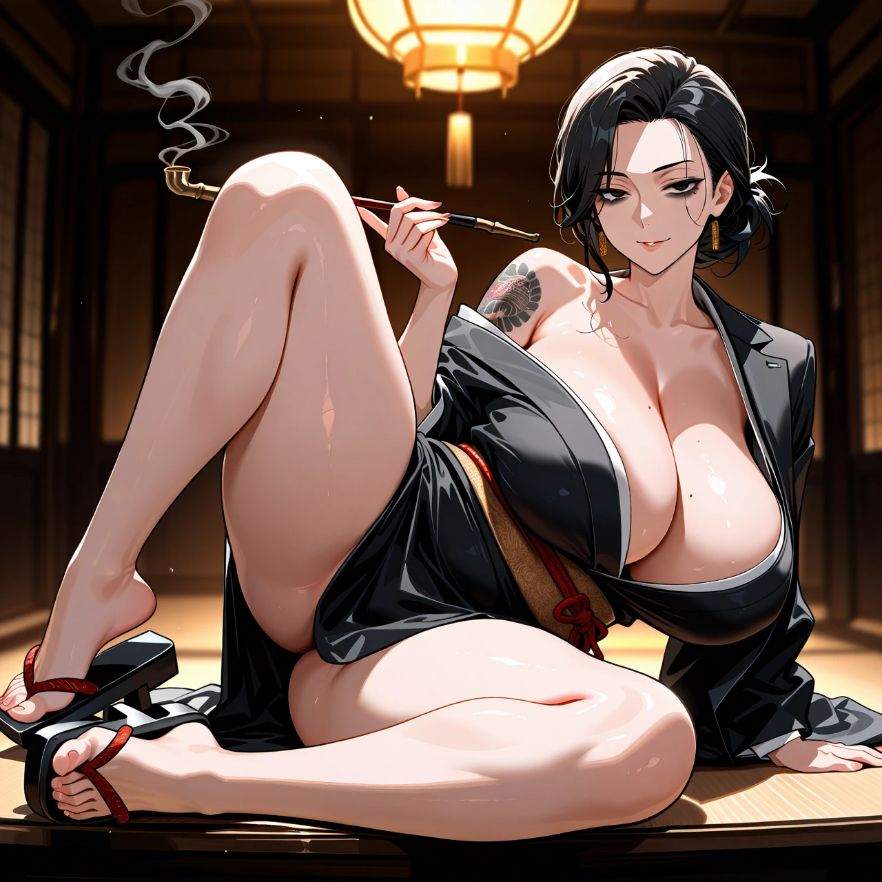 (doctor5648), (full body), (yakuza woman), (mature woman), (milf), (solo), (on side), (arm support), (spread legs), (smoking pipe), (black kimono), (off shoulders), (cleavage), (geta), (tattoo on shoulders), (yakuza tattoos), (wrinkle under eyes), (huge breasts), (wide hips)