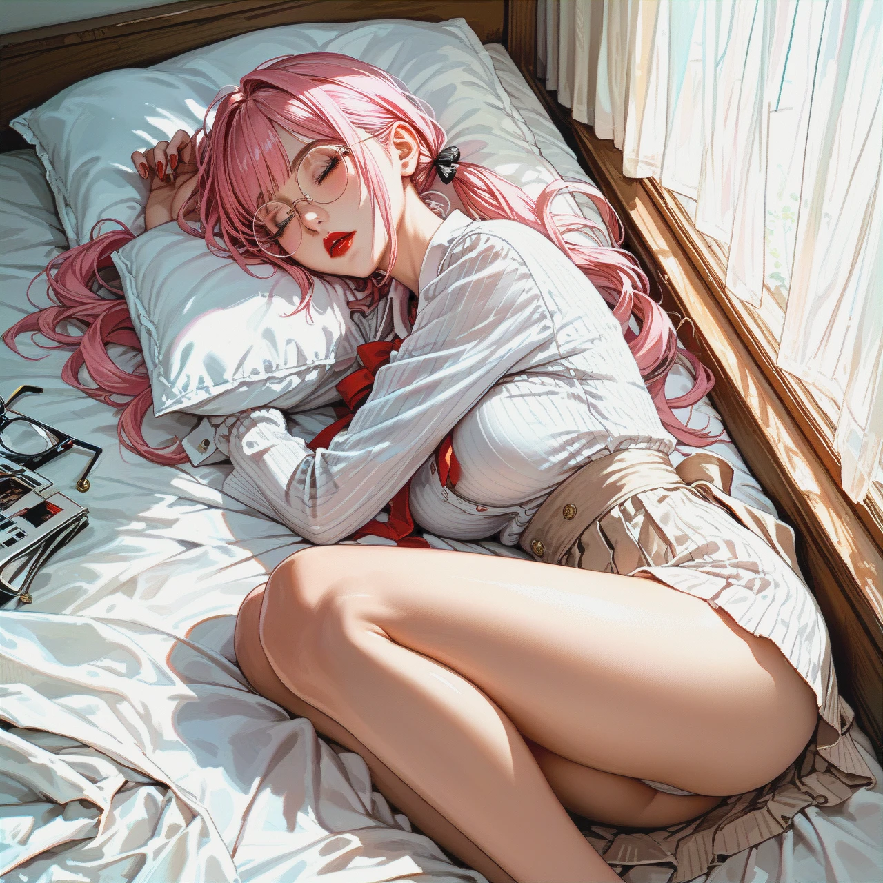 Sleeping room, teeny youngfull girl with long pink hair on knees, pigtail haircut, round eyeglasses, red lipstick, large breasts, slim, petite,