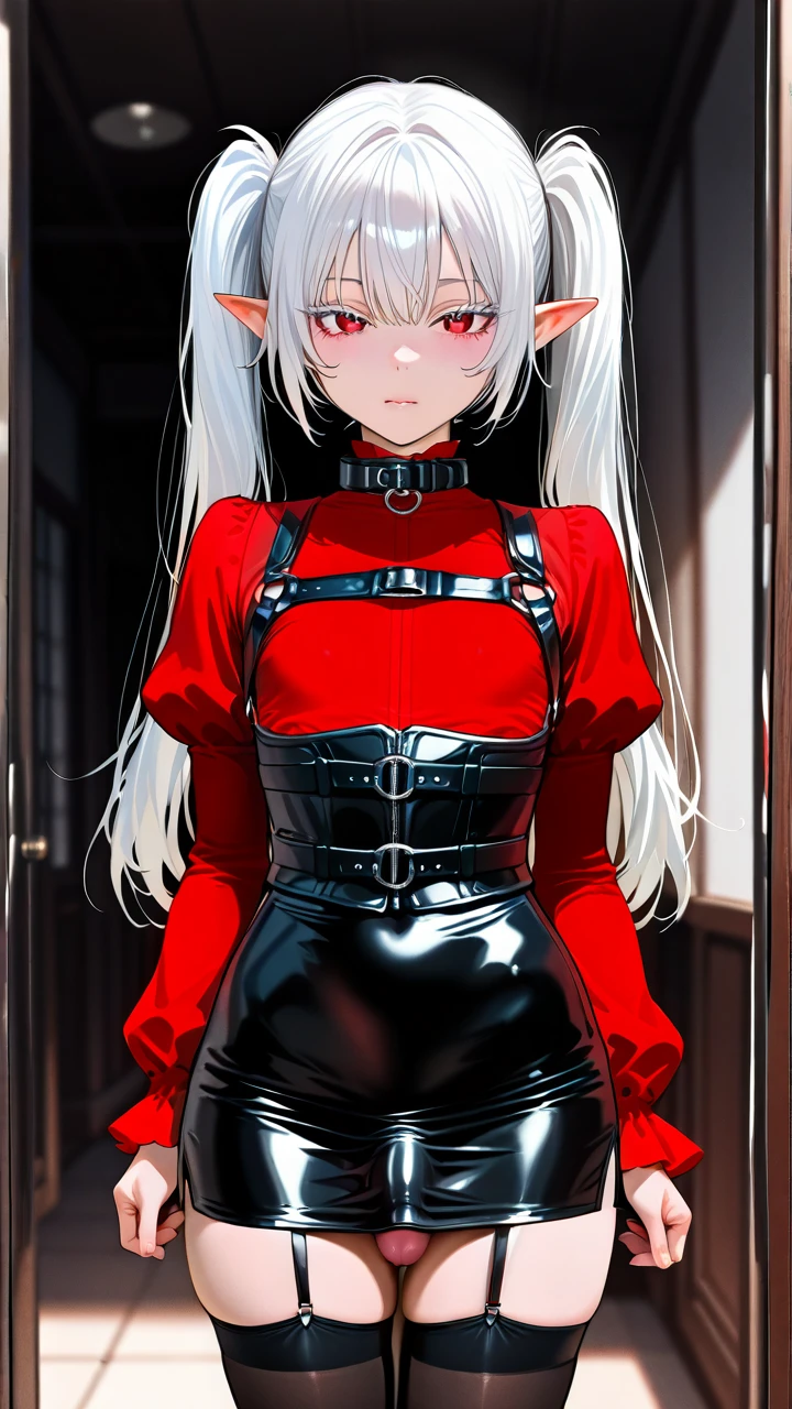 (otoko_no_ko) white_hair long_hair twin_ponytails (red_eyes) white_eyelashes pointy_ears  leather_tight_skirt penis_bulge (underbust) collar red_shirt puffed_sleeves sleeves_with_belts leater_thighhighs garter_straps