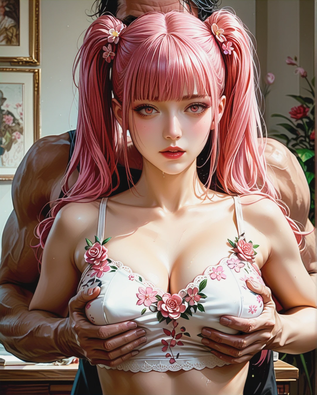 Kushina uzumaki, Realistic Realistic, ,crop top camisole pink floral,sex Grabbing Breast from behind by oldman,twintails