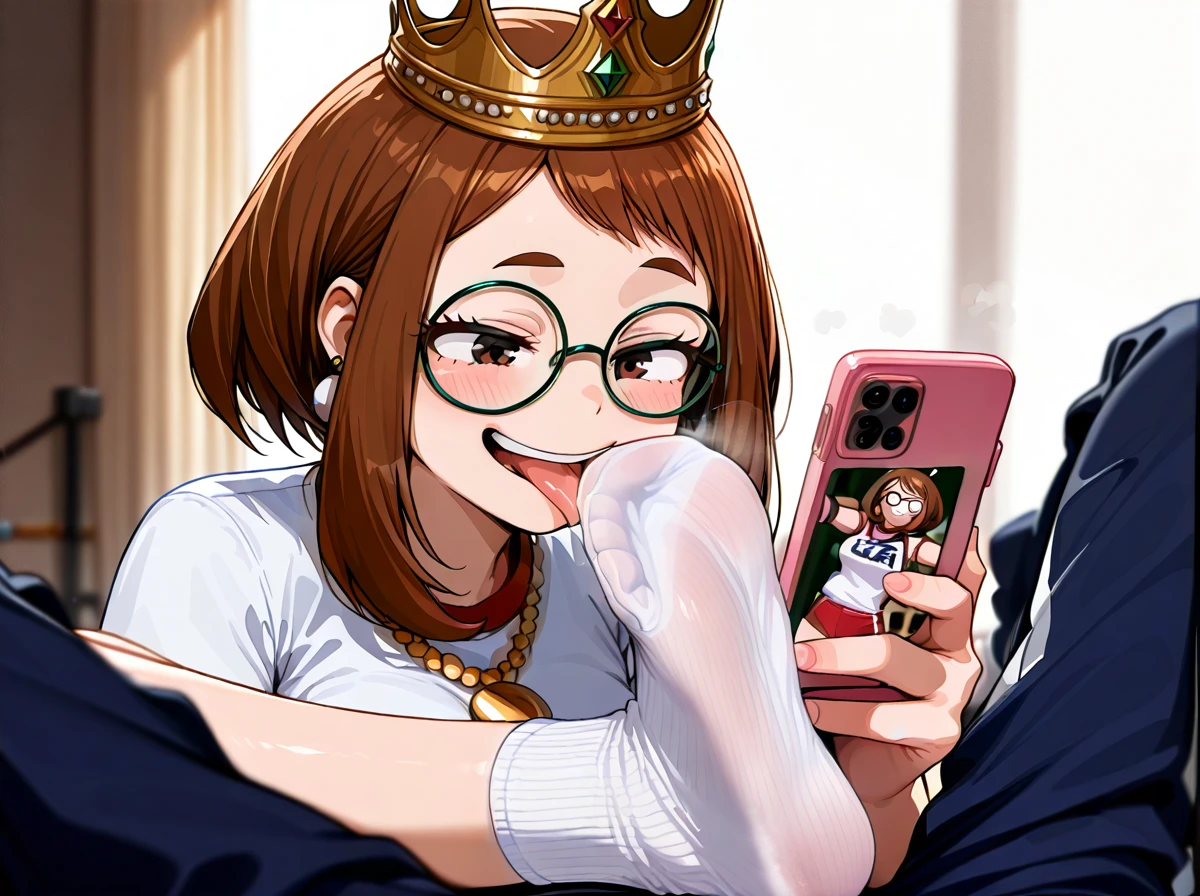 (@uraraka_ochako (sitting and wearing (gym wear, circle_glasses, gold_necklace, earring, crown)  and (shoot a photo with mobile phone)), (1boy licking @uraraka_ochako feet and jerking_off), anklehighs, feet, female, femdom, foot fetish, foot lick, foot licking, foot worship, footwear, laugh, licking feet, licking foot,, smug, smug face, smelling_feet, smell, socks, white socks, licking foot through socks , ankle socks,