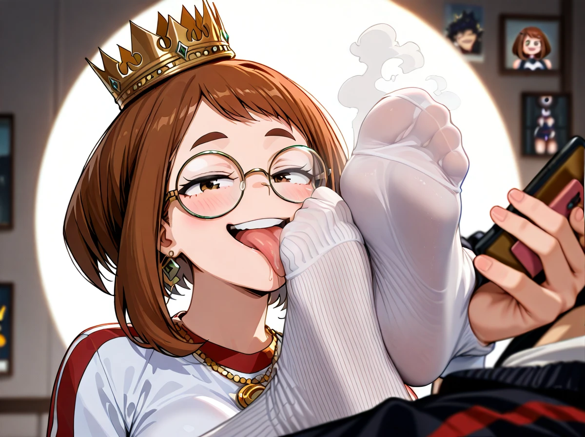 (@uraraka_ochako (sitting and wearing (gym wear, circle_glasses, gold_necklace, earring, crown)  and (shoot a photo with mobile phone)), (1boy licking @uraraka_ochako feet and masturbate himself), anklehighs, feet, female, femdom, foot fetish, foot lick, foot licking, foot worship, footwear, laugh, licking feet, licking foot,, smug, smug face, smelling_feet, smell, socks, white socks, licking foot through socks , ankle socks,