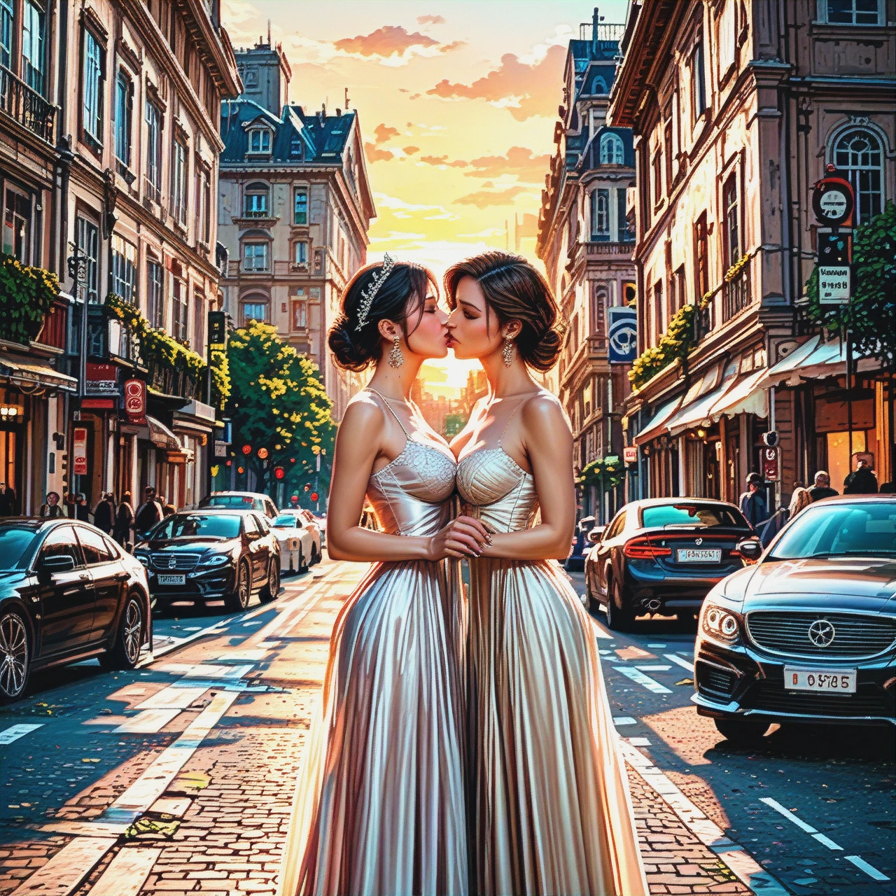 city street in Paris, sunset, cars, pedestrians, kissing couple in distant house entrance, detailed, realistic