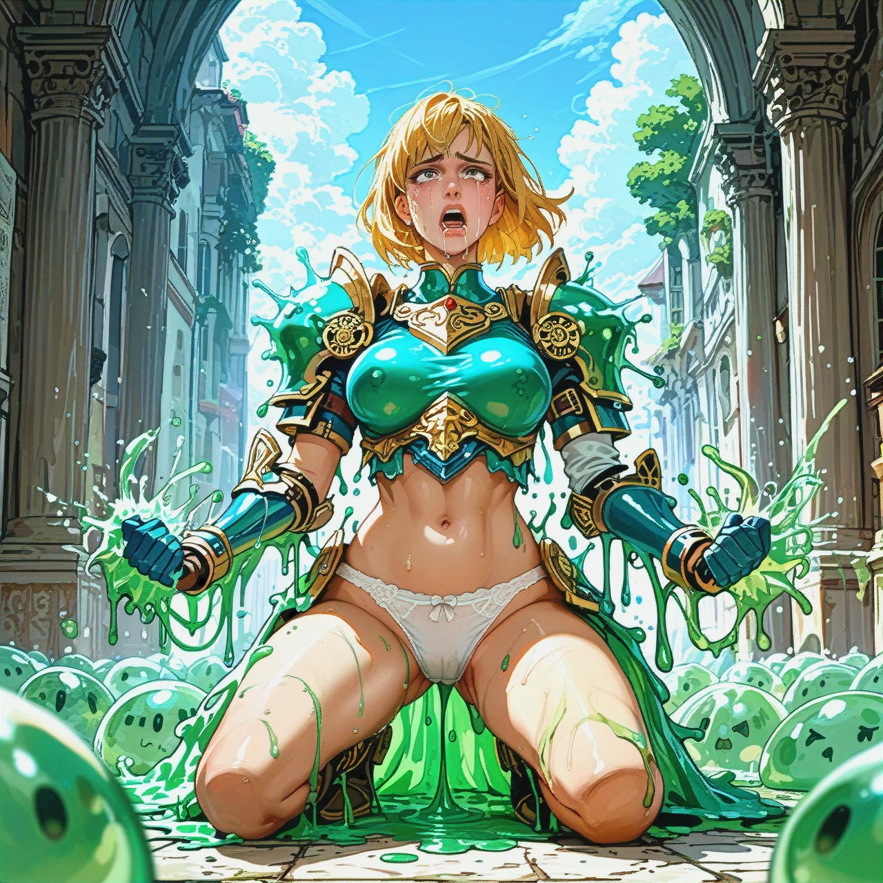 Girl, full view, on knees, blond hair, wearing armor, white panties, green slime creature invading panties, slime ball inside panties, belly expansion, trying to fight back, orgasming, crying, quivering